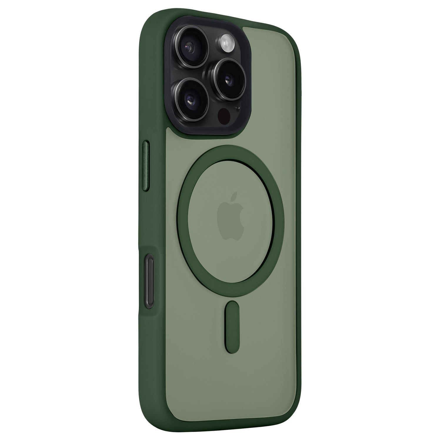 Das Arktis iPhone 16 Pro Max Solid Case besticht durch sein mattgrünes Design mit MagSafe-Ring und Apple-Logo, bietet Platz für die Dreifachkamera und optimalen Schutz durch stoßdämpfendes TPU-Silikon. Marke: Arktis.