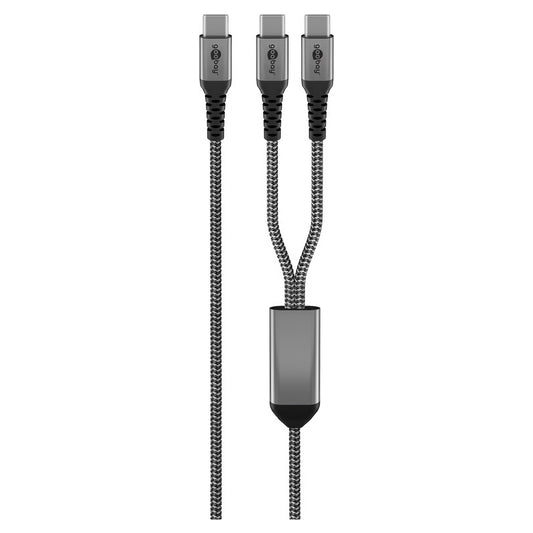 Das goobay Dual USB-C auf USB-C Textilkabel mit Metallsteckern bietet 60 Watt Ladeleistung und Hi-Speed-Datentransfer - ein Kabel, das sich auf einer Seite in zwei USB-C-Stecker aufteilt.
