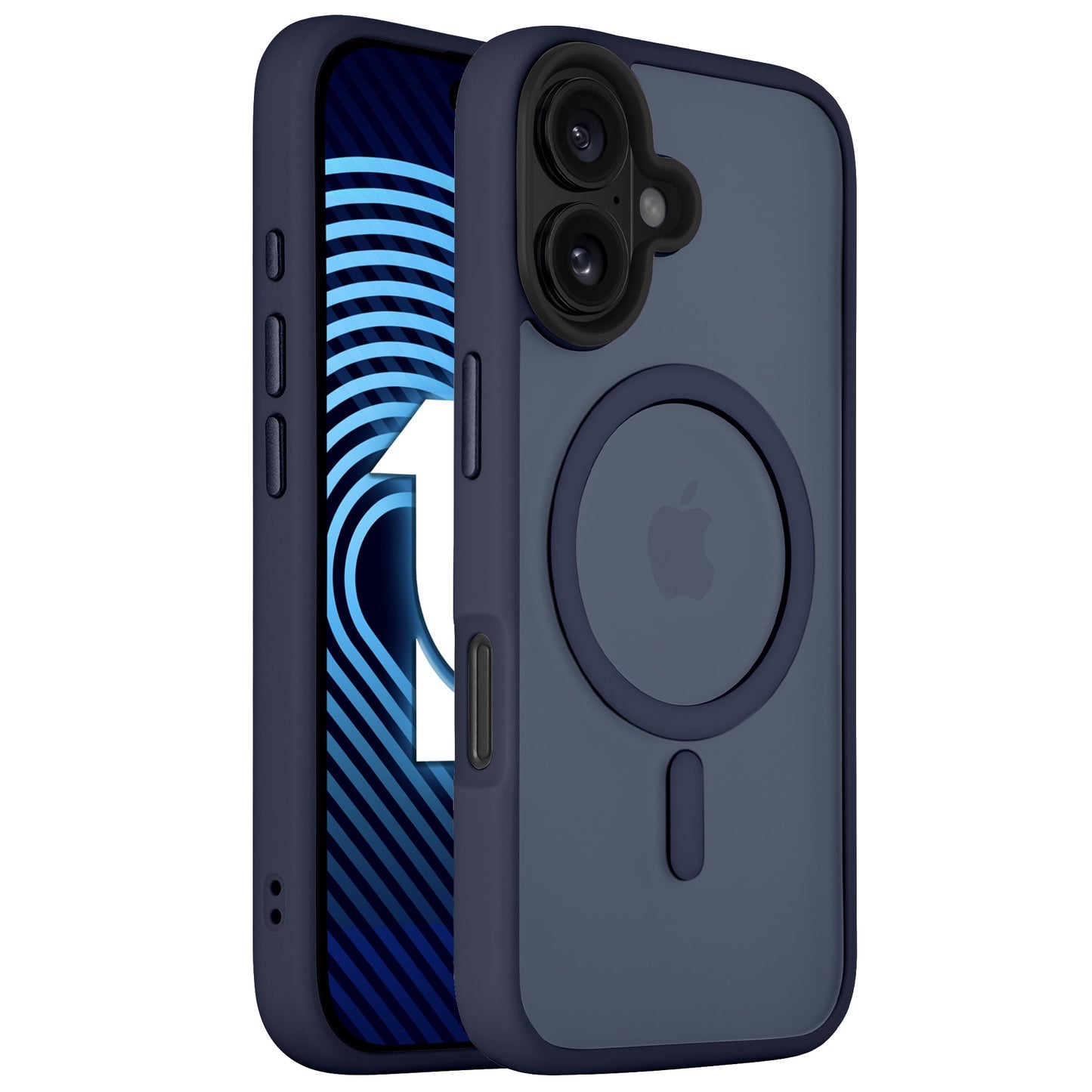 Das Arktis arktis iPhone 16 Plus Solid Case in Marineblau verfügt über einen MagSafe-Ring, eine minimalistische matte Optik und besteht aus stoßdämpfendem TPU-Silikon, dargestellt auf einem Telefon mit blauem geometrischem Hintergrundbild.
