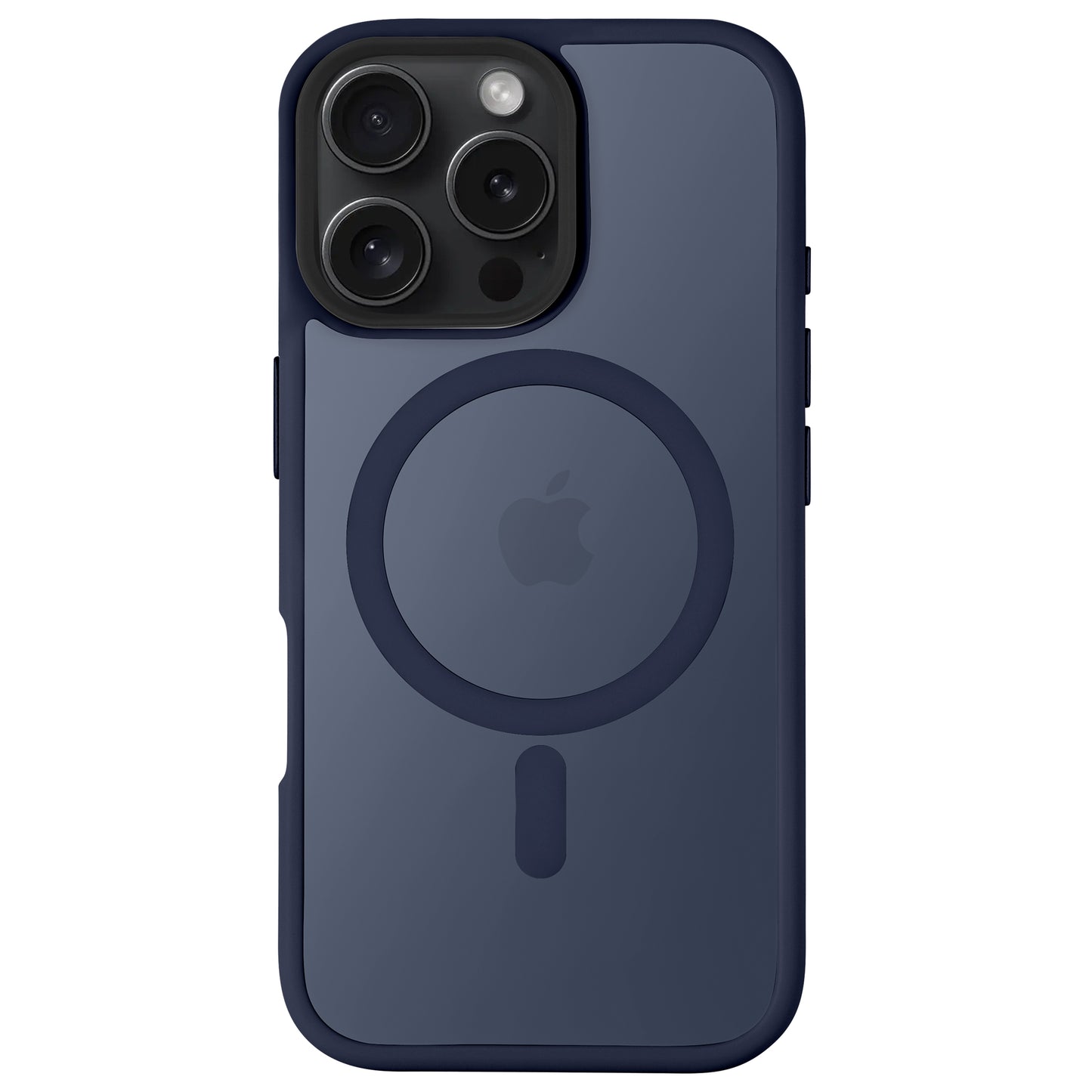 Das Arktis arktis iPhone 16 Pro Max Solid Case in Marineblau verfügt über einen MagSafe-Ring, das Apple-Logo und besteht aus stoßdämpfendem TPU-Silikon für einen minimalistischen, matten Look, der hier zum Schutz der Rückseite eines iPhones gezeigt wird.