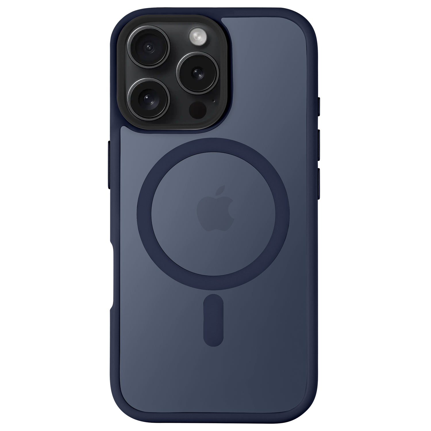 Das Arktis arktis iPhone 16 Pro Max Solid Case in Marineblau verfügt über einen MagSafe-Ring, das Apple-Logo und besteht aus stoßdämpfendem TPU-Silikon für einen minimalistischen, matten Look, der hier zum Schutz der Rückseite eines iPhones gezeigt wird.