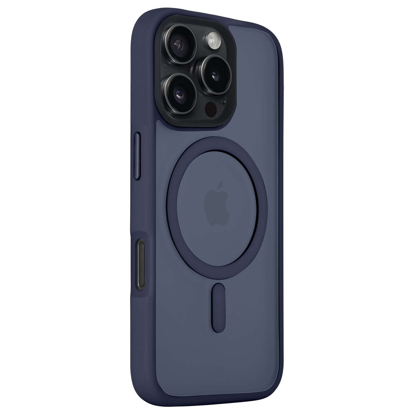 Das Arktis iPhone 16 Pro Max Solid Case ist eine blaue, MagSafe-kompatible TPU-Silikonhülle im minimalistischen, matten Design mit Apple-Logo und Kameralinsen.