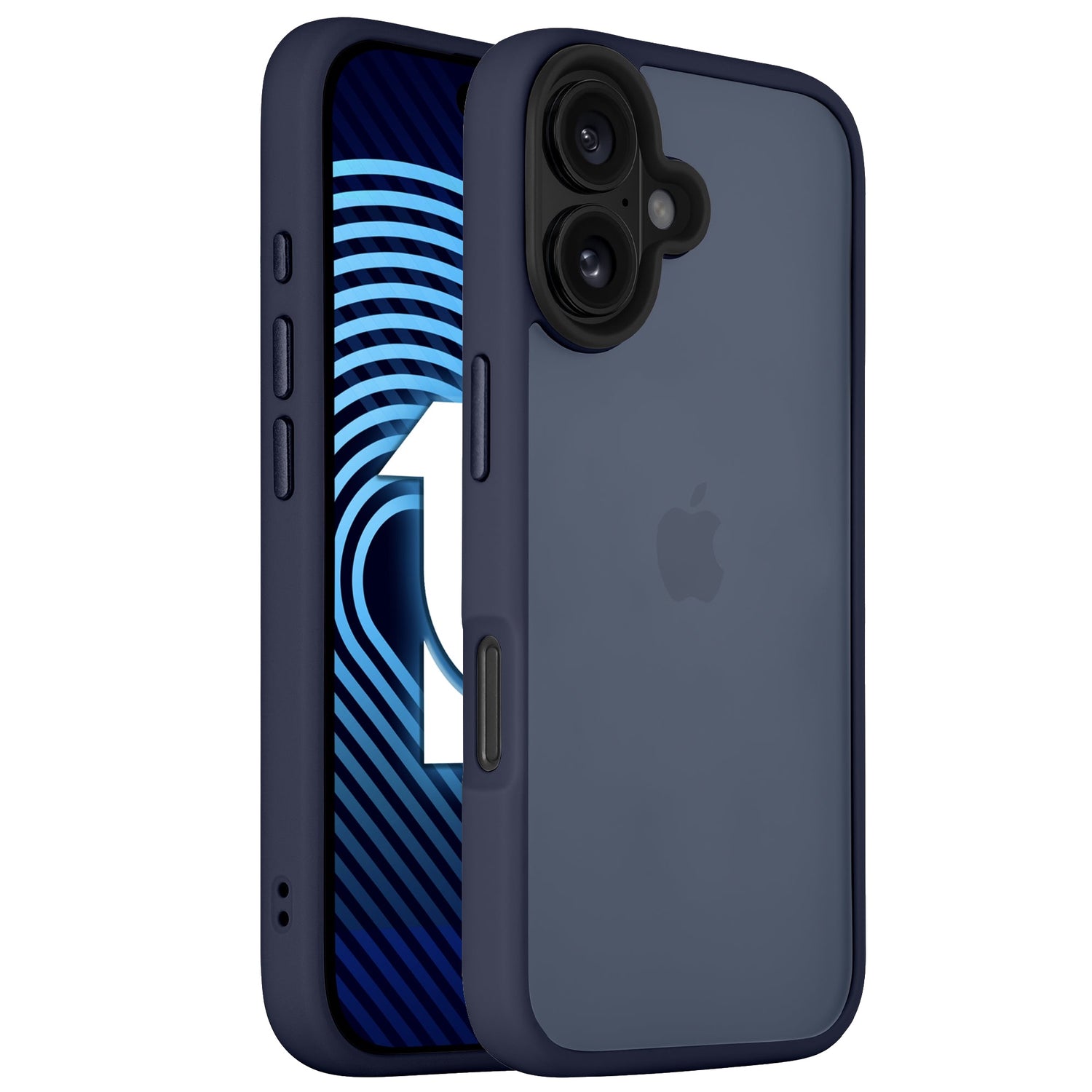 Das Arktis iPhone 16 Plus Solid Case von Arktis in Marineblau besticht durch seinen minimalistischen, matten Look und ist auf einem iPhone mit geometrischem blau-weißem Display abgebildet. Hergestellt aus stoßabsorbierendem TPU-Silikon für zuverlässigen Schutz.