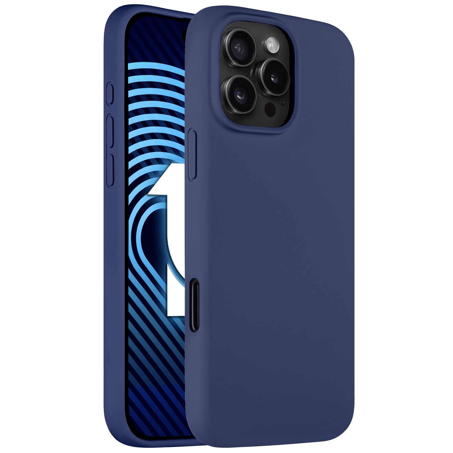 Das Arktis iPhone 16 Pro Silikon Case in Blau zeigt Vorder- und Rückseite. Der blaue Bildschirm zeigt weiße Linien und eine zentrale „1“. Das schlanke Case von Arktis unterstützt kabelloses Laden, und das iPhone verfügt über drei Kameras auf der Rückseite.