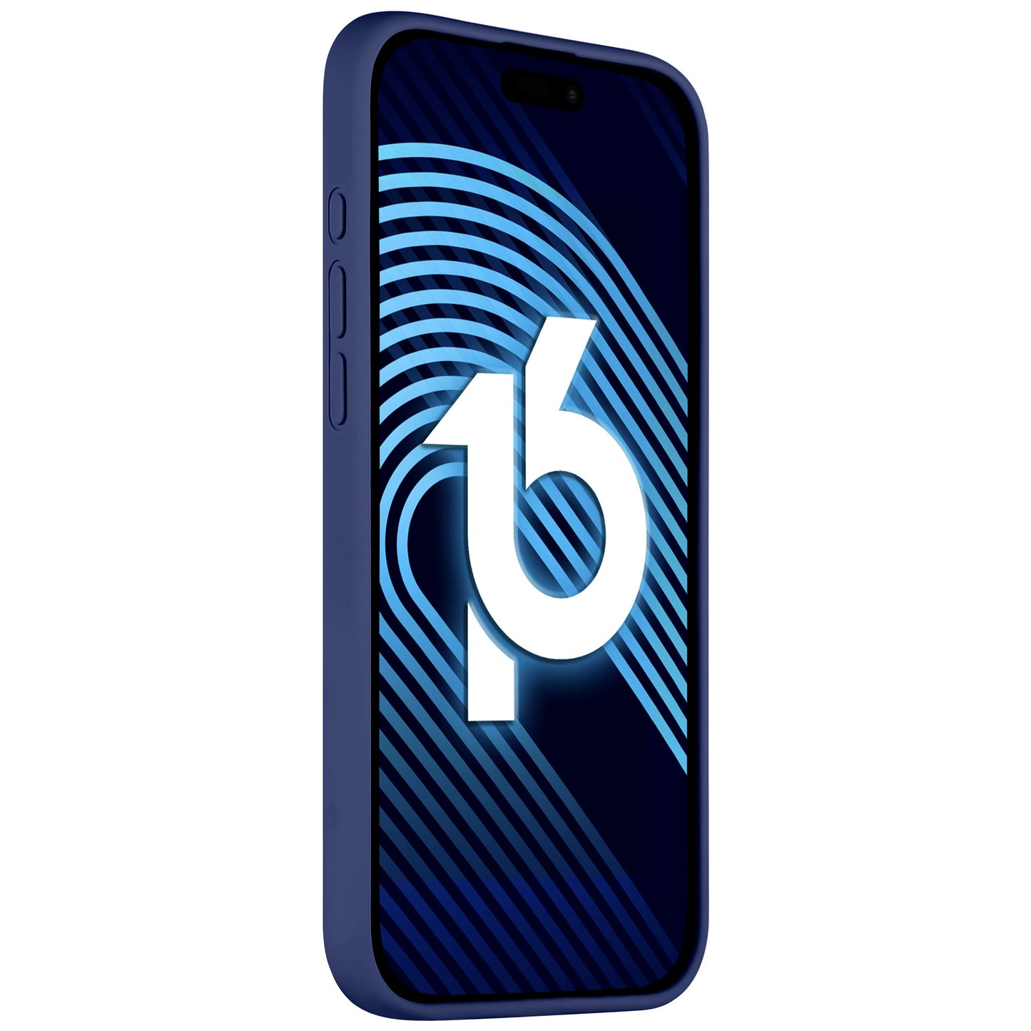 Das arktis iPhone 16 Pro Silikon Case von Arktis ist in Blau gehalten und besticht durch sein schlankes Design. Das abgewinkelte Smartphone zeigt ein blau-weißes geometrisches Muster mit der Zahl 16 auf dem Display. Drei seitliche Tasten deuten darauf hin, dass es sich um das iPhone 16 Pro handelt.