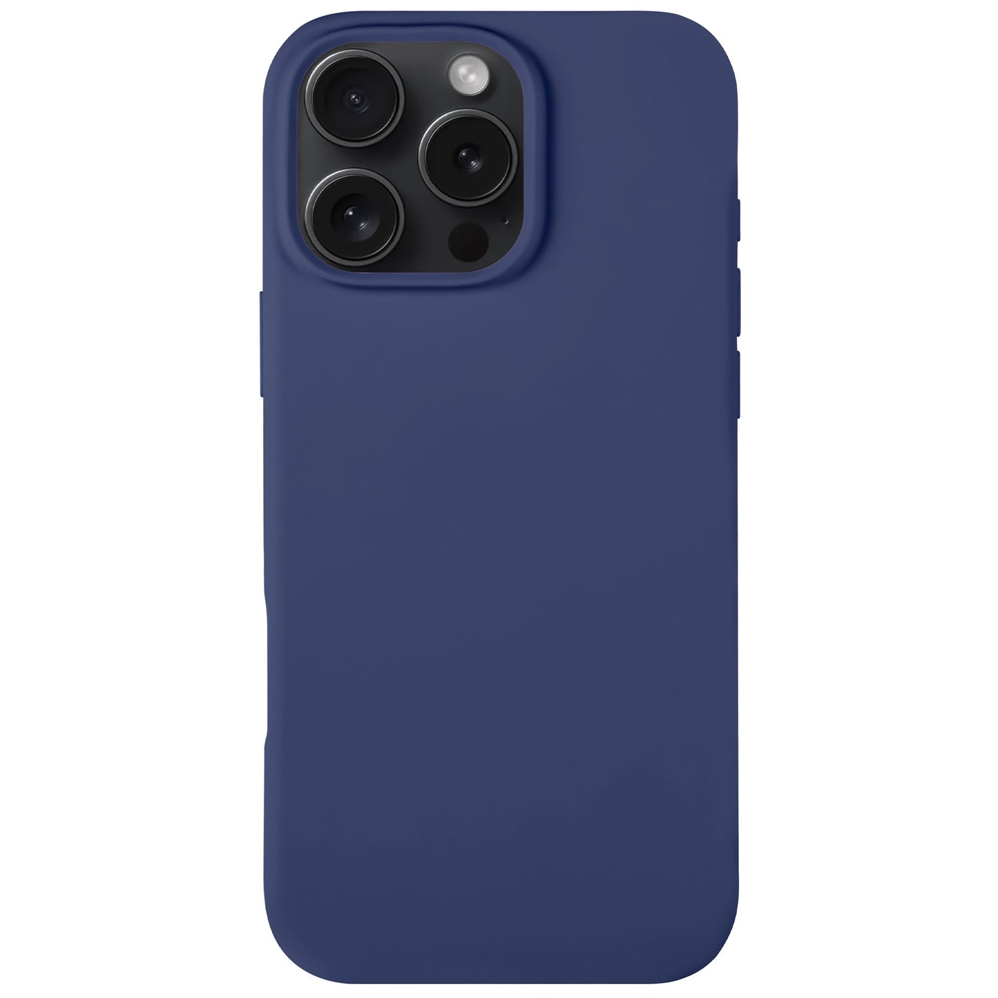 Das Arktis iPhone 16 Pro Silikon Case von Arktis in Blau zeigt drei Kameralinsen und einen Blitz oben links am Gerät und unterstützt kabelloses Laden.