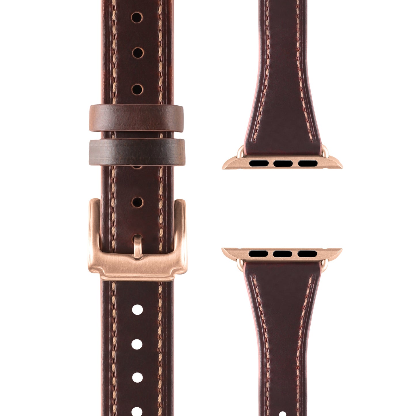 Das Künstlerarmband Apple Watch Lederarmband „Napoli“ in dunkelbraunem Echtleder mit beiger Naht, goldener Schließe und goldenen Steckern – gezeigt in drei Ansichten. Perfekt für minimalistischen Stil.