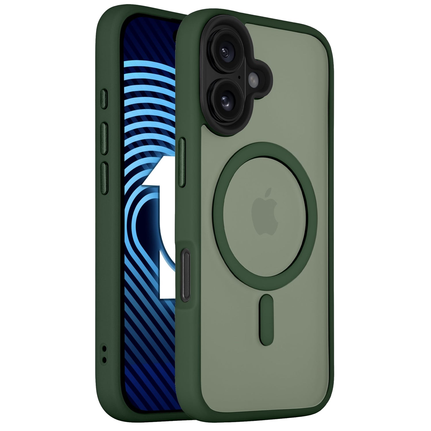 Das Arktis iPhone 16 Plus Solid Case von Arktis verfügt über ein grünes, stoßdämpfendes TPU-Silikon-Design mit einem MagSafe-Ring und deckt ein iPhone 16 Plus mit einem blau-schwarz gemusterten Bildschirm ab.