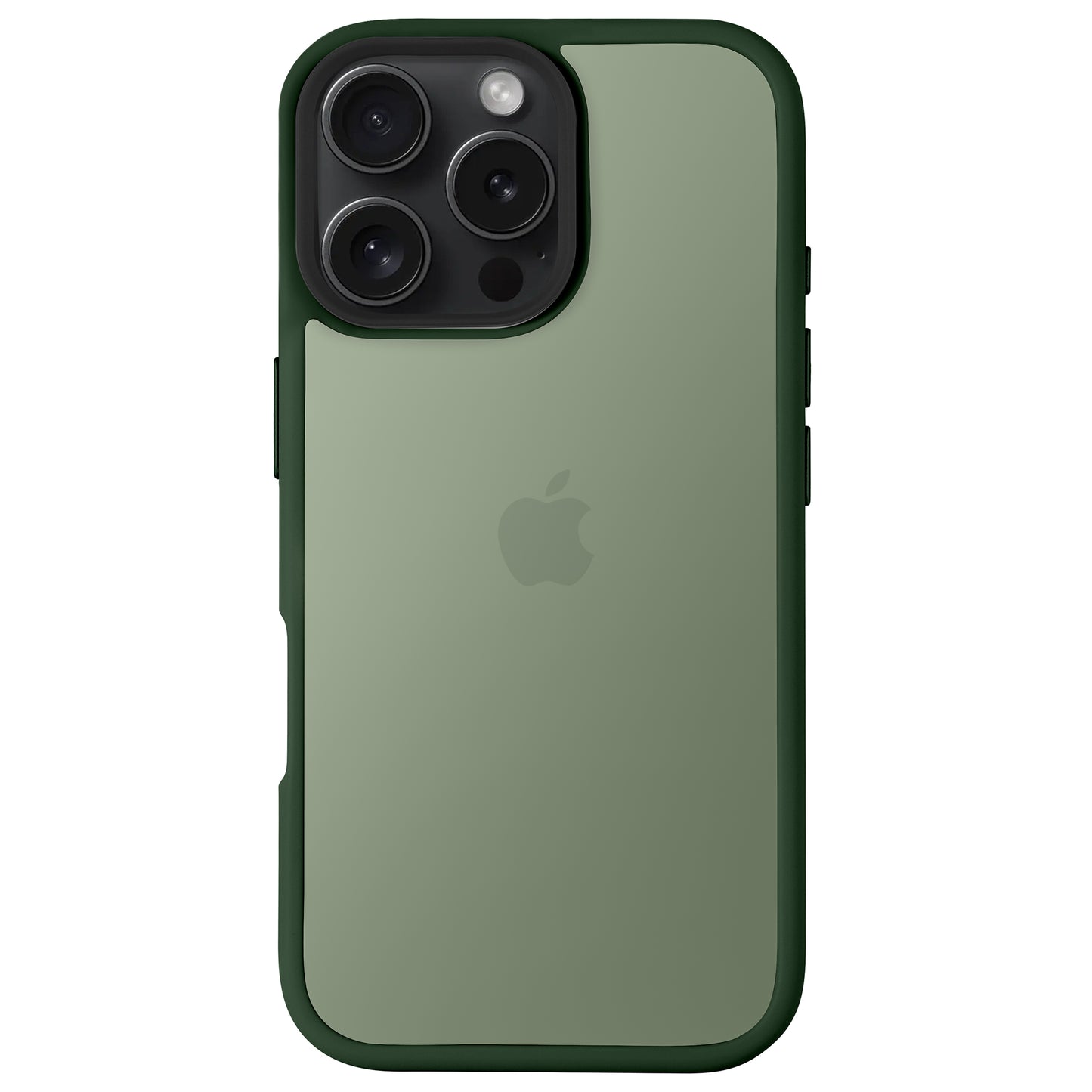 Grünes iPhone mit Dreifachkameras und Apple-Logo, abgebildet in einem mattgrünen und schwarzen iPhone Air Solid Case von Arktis, das für zusätzlichen Schutz stoßabsorbierend ist.