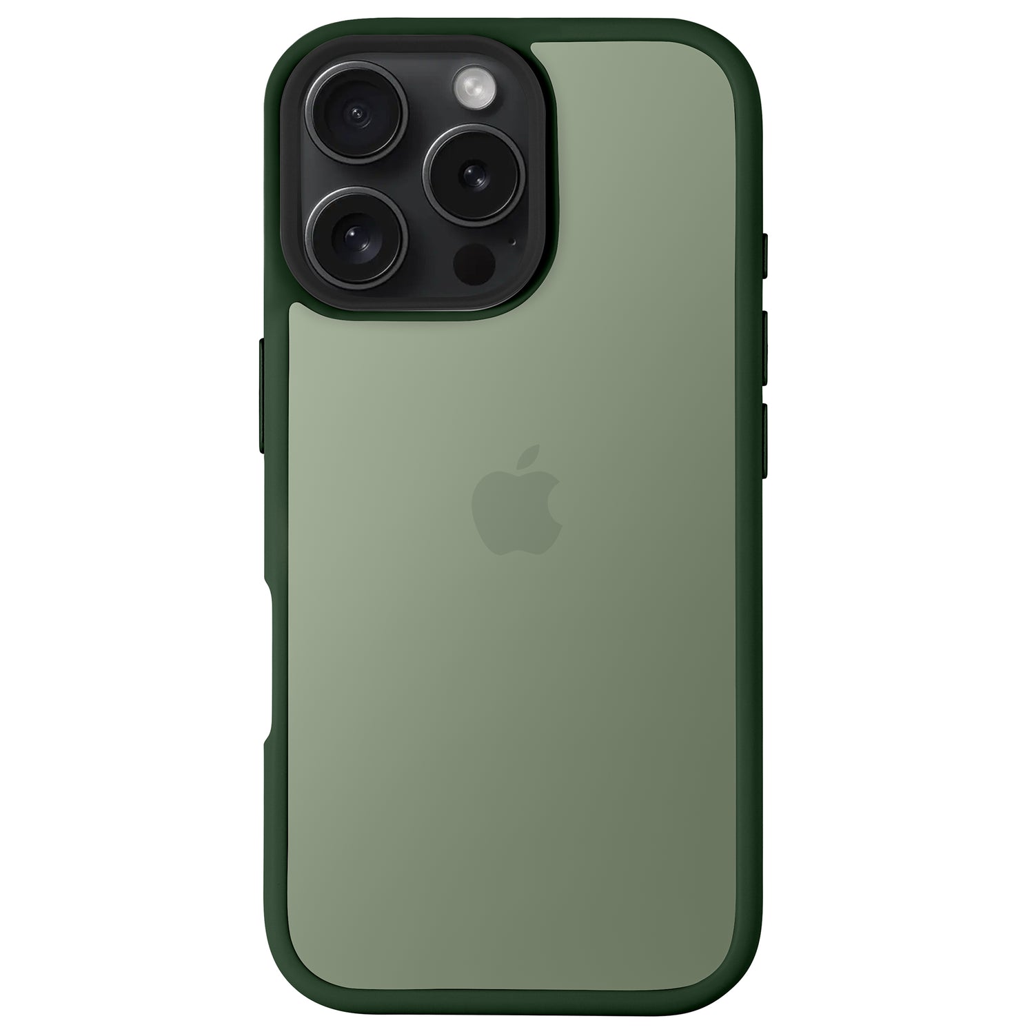 Grünes iPhone mit Dreifachkameras und Apple-Logo, abgebildet in einem mattgrünen und schwarzen iPhone Air Solid Case von Arktis, das für zusätzlichen Schutz stoßabsorbierend ist.