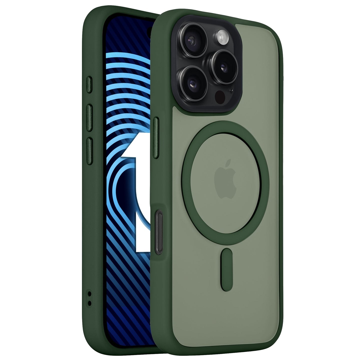 Grünes iPhone mit dem Arktis arktis iPhone 16 Pro Max Solid Case aus stoßdämpfendem TPU-Silikon, mit minimalistischem mattem Design, MagSafe-Ring und präziser Kameraaussparung von Arktis.