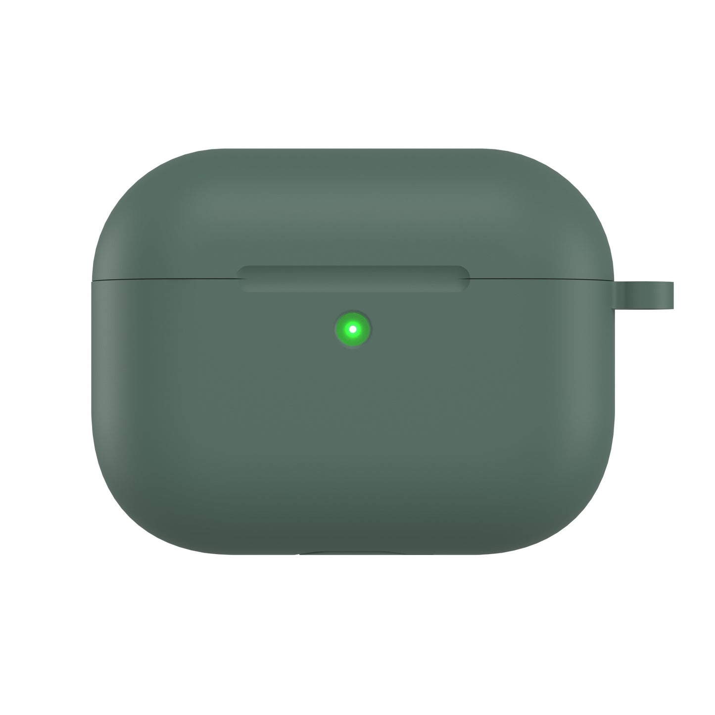 Das arktis AirPods Pro 3 Silikon Case in Dunkelgrün verfügt über einen geschlossenen Deckel, stoßfesten Schutz, eine grüne Lade-LED auf der Vorderseite und unterstützt kabelloses Aufladen für Ihren Komfort.