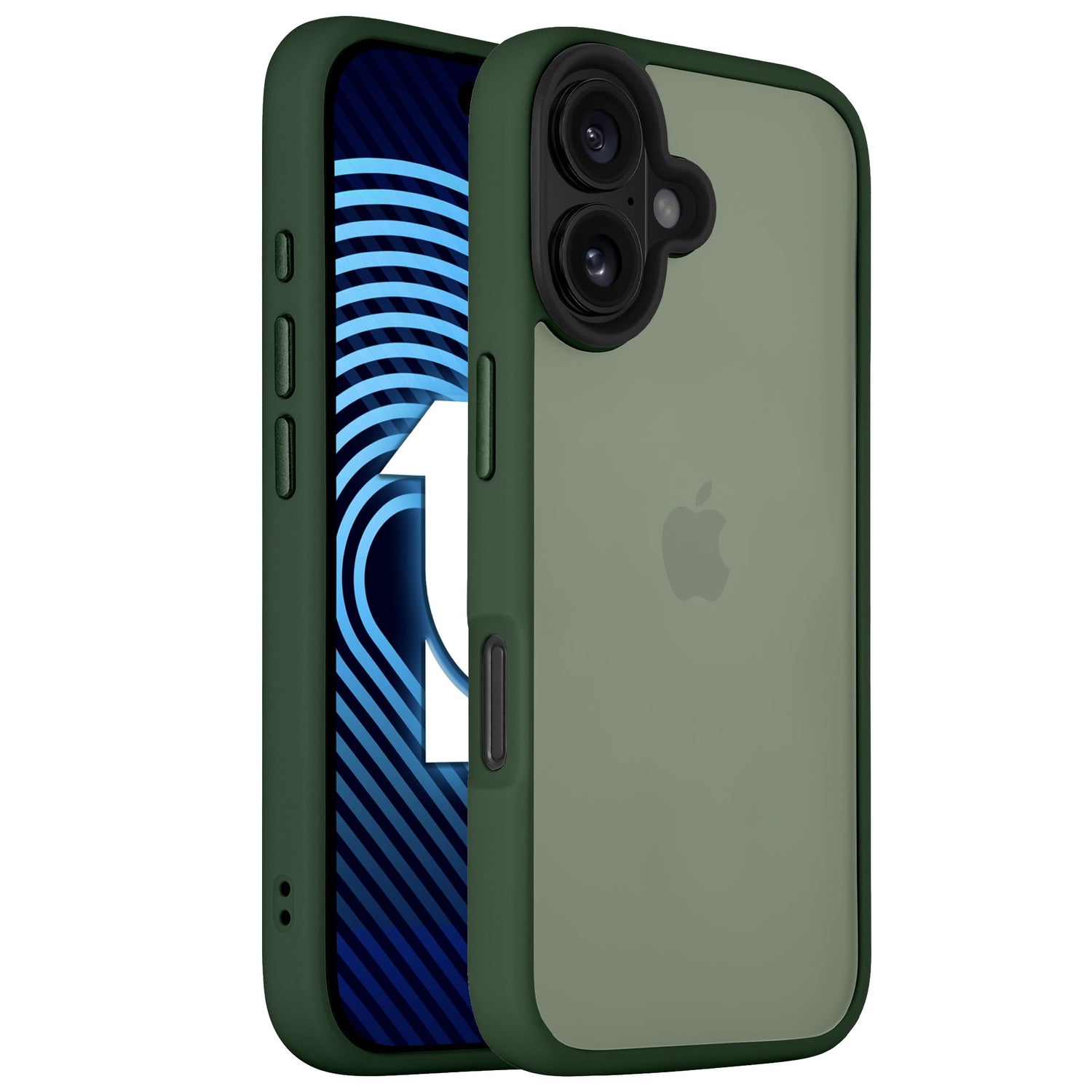 Das Arktis iPhone 16 Plus Solid Case verfügt über eine mattierte, minimalistische Rückseite mit transparentem Apple-Logo, einen dunkelgrünen Bumper und stoßdämpfendes TPU-Silikon. Abbildung mit und ohne Smartphone.