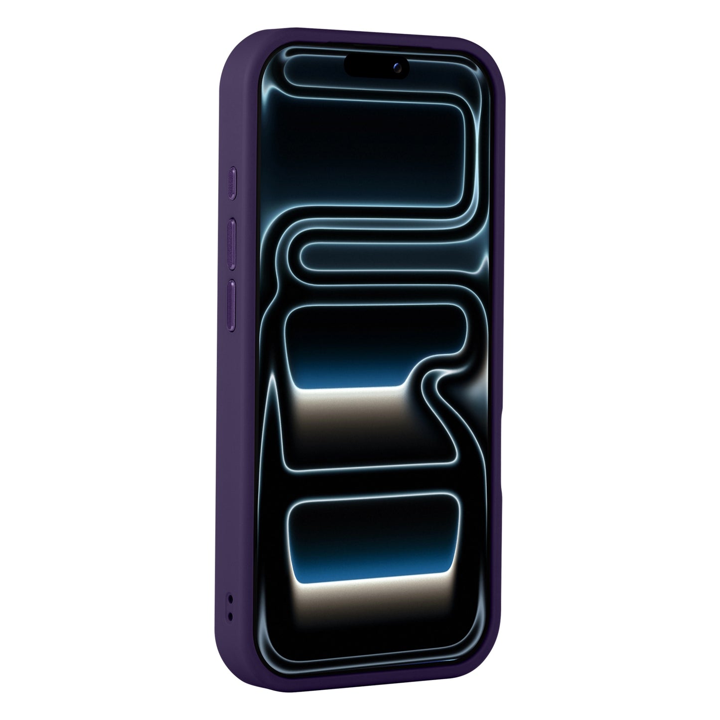 Schrägansicht eines Smartphones mit dem Arktis arktis iPhone 17 Pro Solid Case in mattem, dunklem Lila, auf dessen Bildschirm ein abstraktes Muster leuchtet.