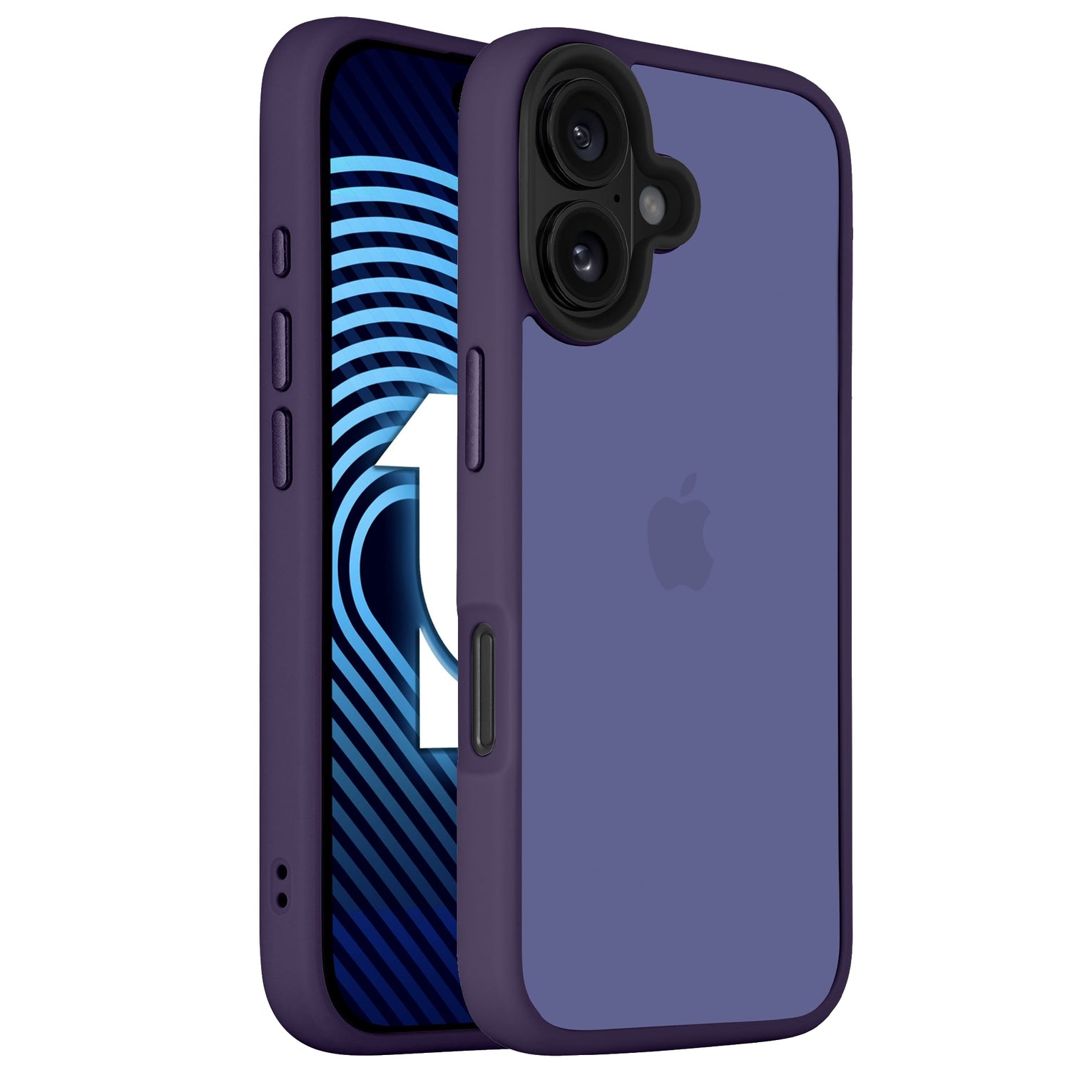 Arktis iPhone 16 Plus Solid Case in Purpur von Arktis im minimalistischen Matt-Look auf einem Handy mit blauem Bildschirm, weißen Ziffern und abstrakten Linien.