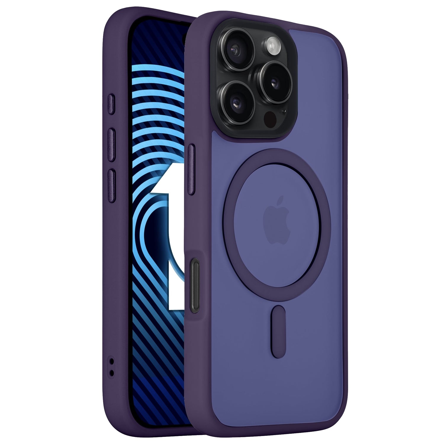 Das Arktis iPhone 16 Pro Max Solid Case von Arktis in Lila bietet einen minimalistischen, matten Look mit stoßdämpfendem TPU-Silikon, Vorder- und Rückseite vor weißem Hintergrund.