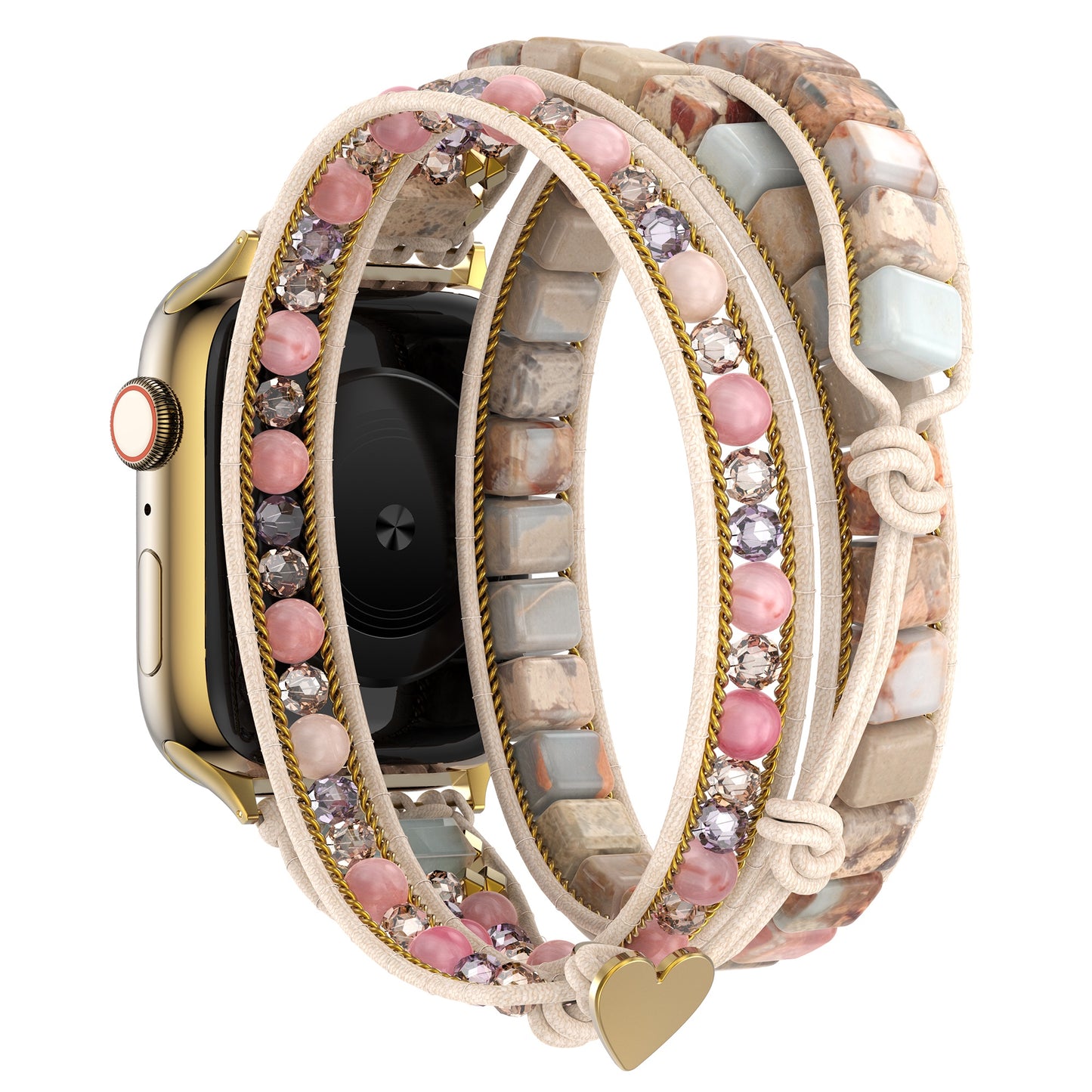 Das arktisband Apple Watch Armband "Dream Catcher" ist ein goldenes Smartwatch-Armband mit mehrlagigen rosa und beigen Boho-Perlen, einem Herzanhänger und einem eleganten Edelstahladapter von arktisband.