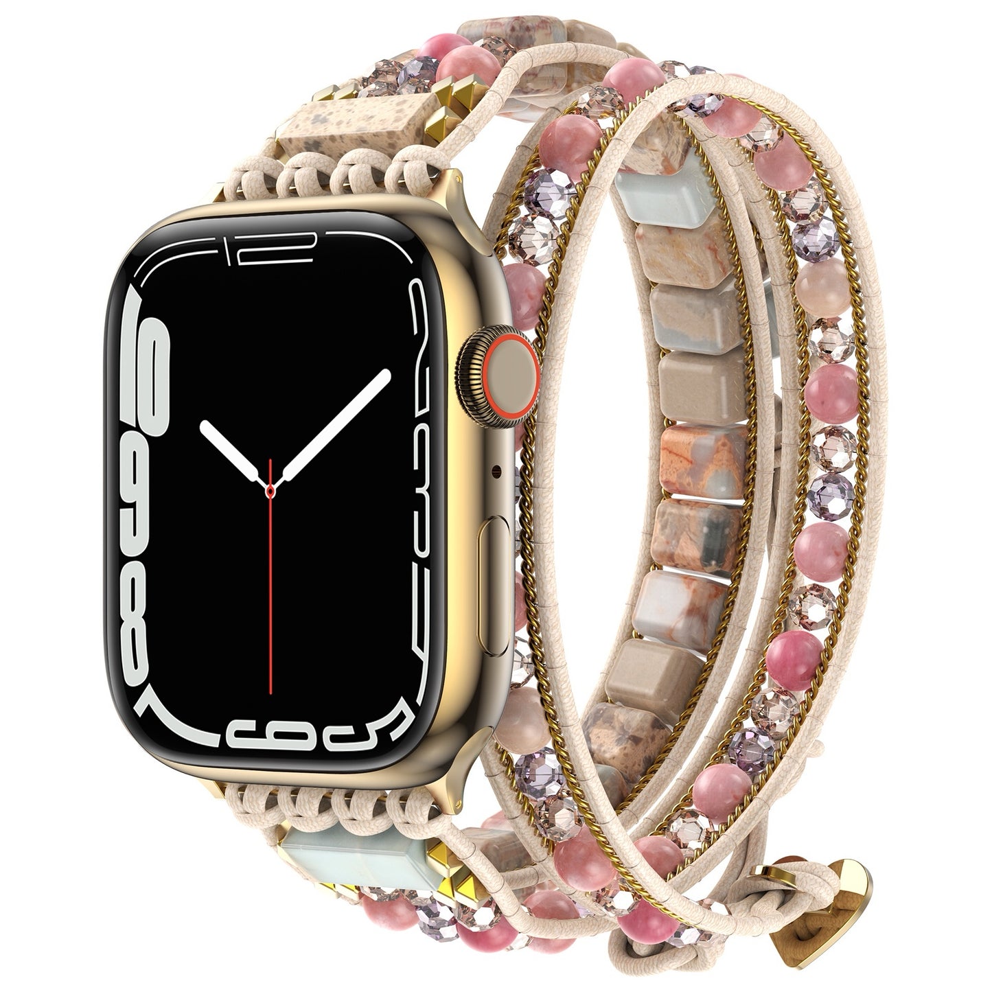 Das arktisband Apple Watch Armband "Dream Catcher" ist ein goldenes Smartwatch-Armband im Boho-Design in Pink, Creme und Stein mit einem Edelstahladapter für einen sicheren Sitz.