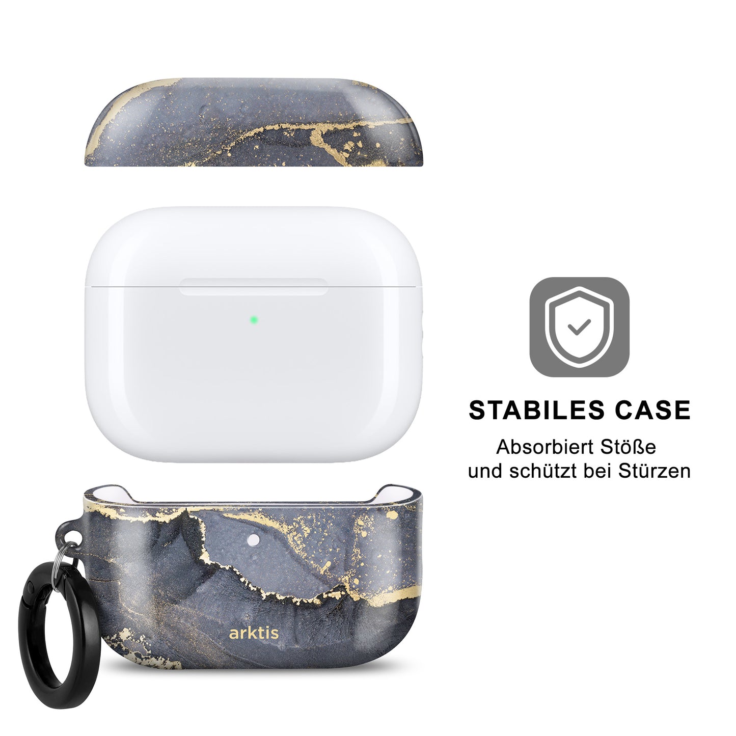 Die arktis AirPods Pro 3 Hülle – Dusty Marble bietet stoßdämpfenden Schutz, unterstützt kabelloses Laden, enthält einen Schlüsselring und ist mit deutschen Beschriftungen für Ihre AirPods Pro 3 Hülle versehen.