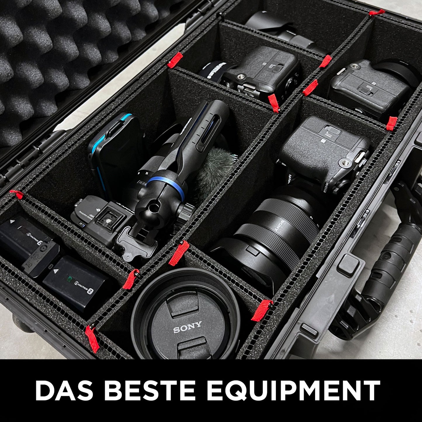 Ein Hartschalenkoffer mit Schaumstofffächern bietet Platz für Kameras, Objektive, Akkus und mehr – ideal für dein nächstes Filmemachen-Projekt. Unten: DAS BESTE EQUIPMENT in Weiß auf Schwarz. Produkt: Wolffilms Academy Online-Kurs – Einfach filmen lernen von Rainer Wolf.