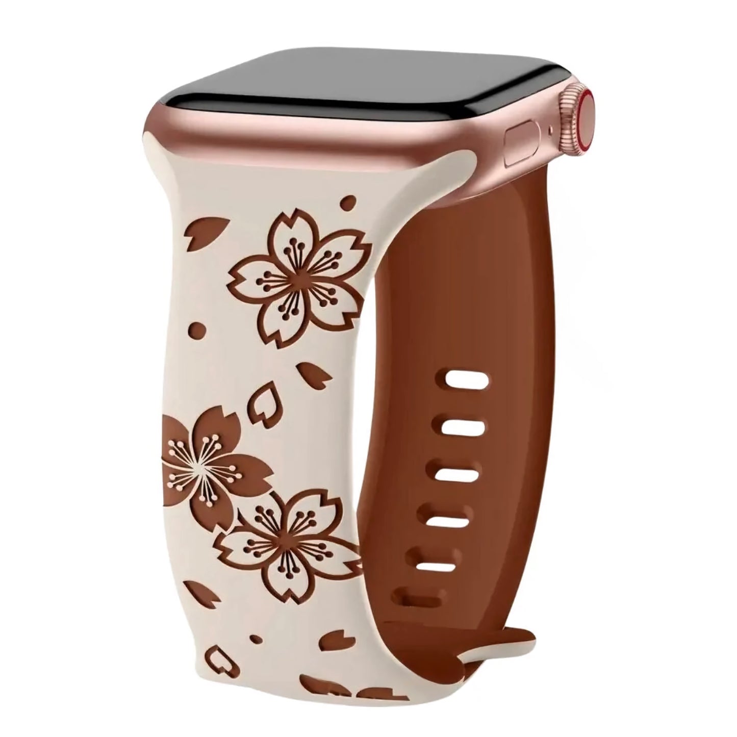 Das arktisband Apple Watch Armband "Flores" von arktisband besticht durch ein braun-cremefarbenes Kirschblüten-Design, ist schweißabsorbierend und bietet mehrere Einstelllöcher für eine perfekte Passform. Passt hervorragend zu einem Roségoldgehäuse.