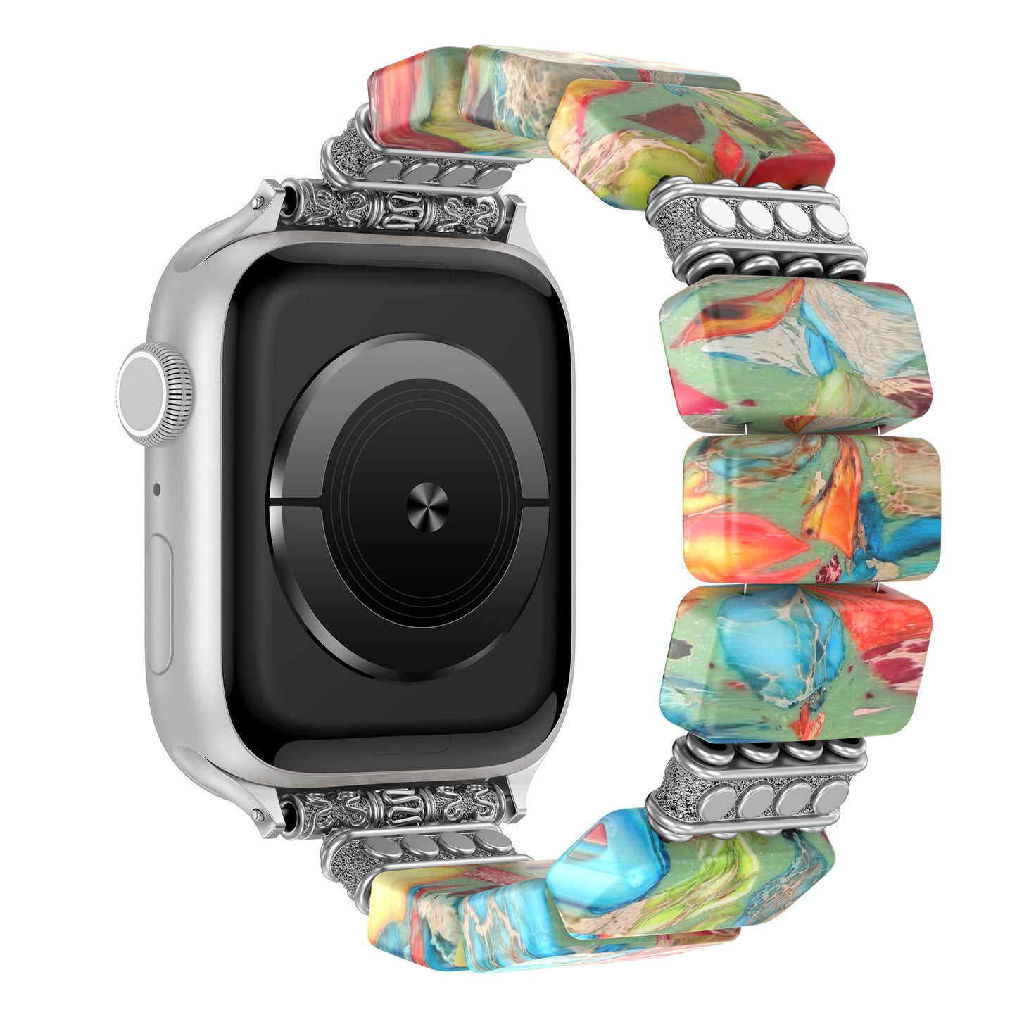 Das arktisband Apple Watch „Stone Loop“ ist ein farbenfrohes, klobiges Armband mit abstrakten, mehrfarbigen Natursteinperlen – Apple Watch-kompatibel und von arktisband für einen einzigartigen Look entworfen.