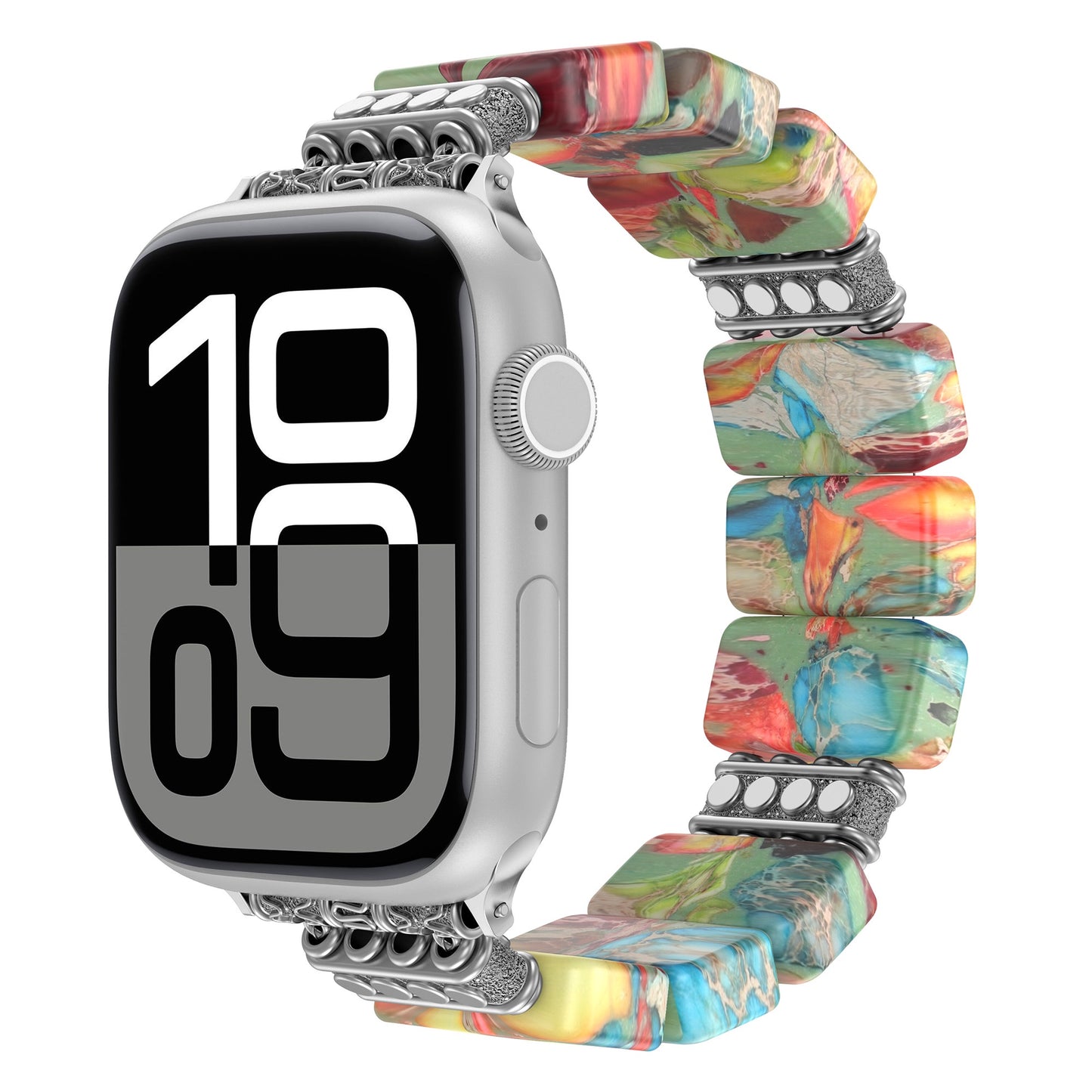 Das arktisband Apple Watch „Stone Loop“ ist ein silbernes Smartwatch-Armband mit großem Digitaldisplay und einer bunten Steinschlaufe mit Metallakzenten, kompatibel mit der Apple Watch.