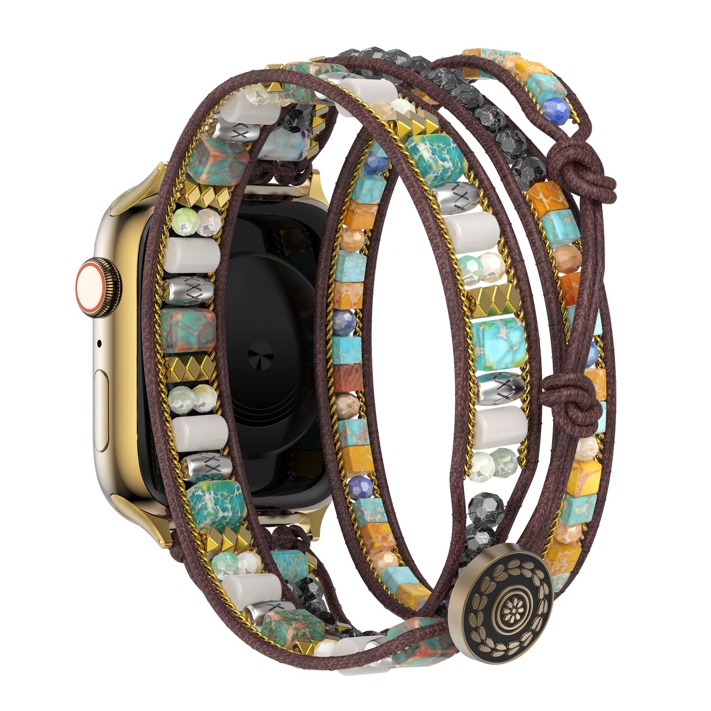 Das arktisband Apple Watch Armband "Dream Catcher" besteht aus einem farbenfrohen Perlenband im Boho-Stil mit türkisfarbenen, orangefarbenen, weißen und schwarzen Steinen sowie einem Edelstahladapter für einen sicheren Sitz.