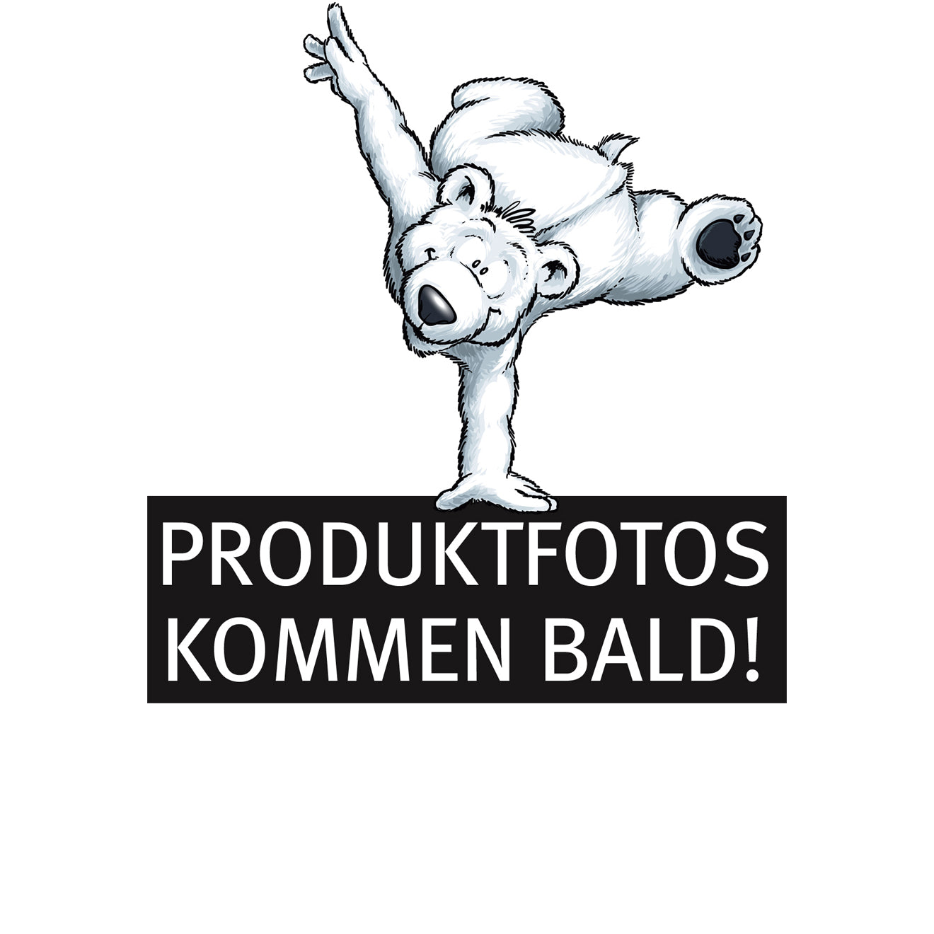 Illustration eines weißen Bären, der einen Handstand über "Produktfotos kommen bald!" auf einer schwarzen Box macht und das arktisband Apple Watch Armband "CoreX" von arktisband trägt.