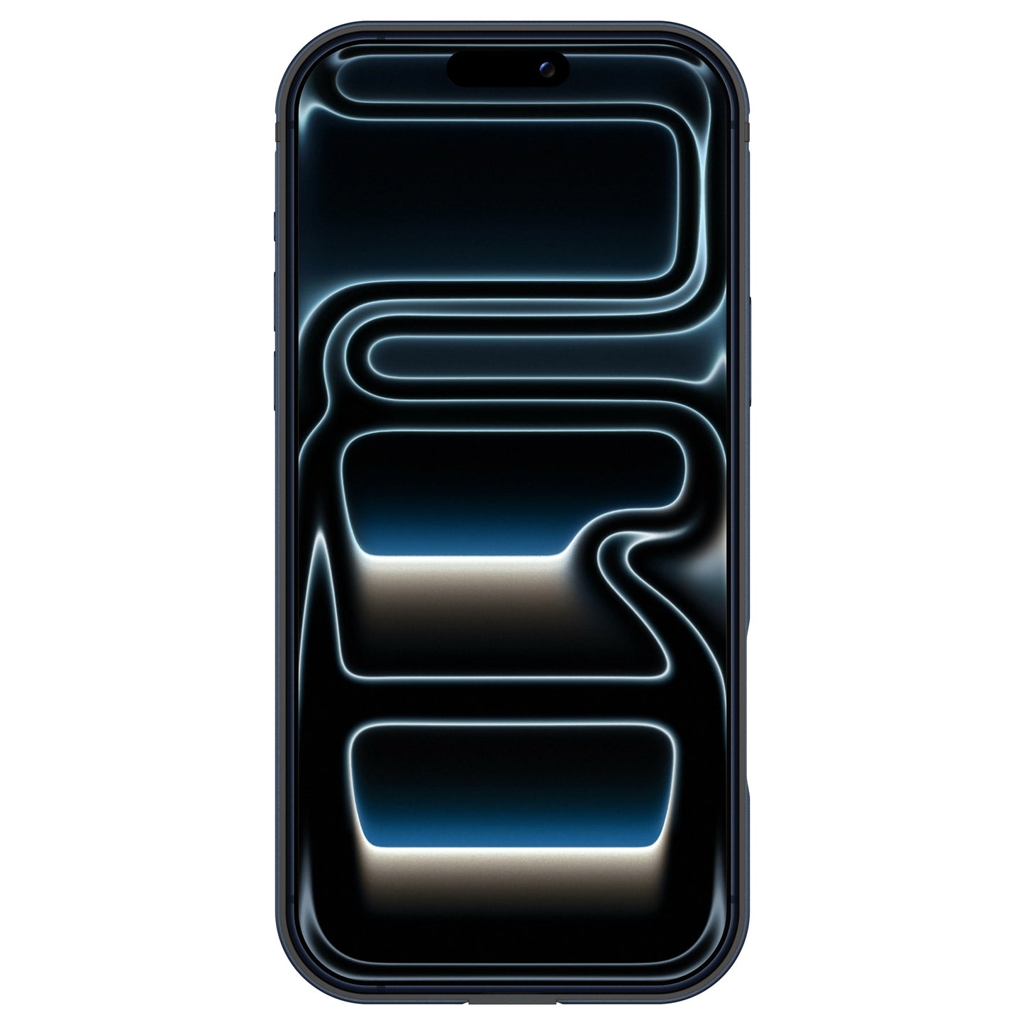 Ein Smartphone mit schwarzem Bildschirm und abstrakten neonblauen und weißen geschwungenen Linien, geschützt durch den arktis iPhone 17 Pro Bumper - eine ultraleichte Aluminium-TPU-Silikonhülle von arktis.