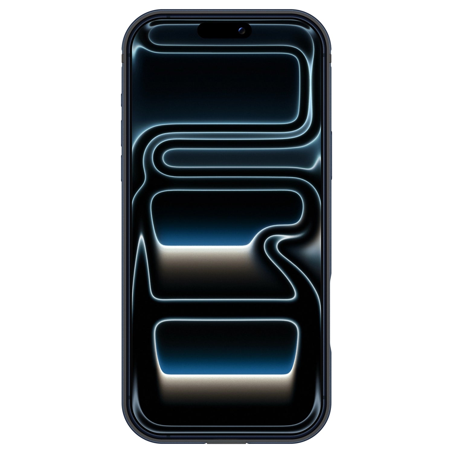 Ein Smartphone mit schwarzem Bildschirm und abstrakten neonblauen und weißen geschwungenen Linien, geschützt durch den arktis iPhone 17 Pro Bumper - eine ultraleichte Aluminium-TPU-Silikonhülle von arktis.