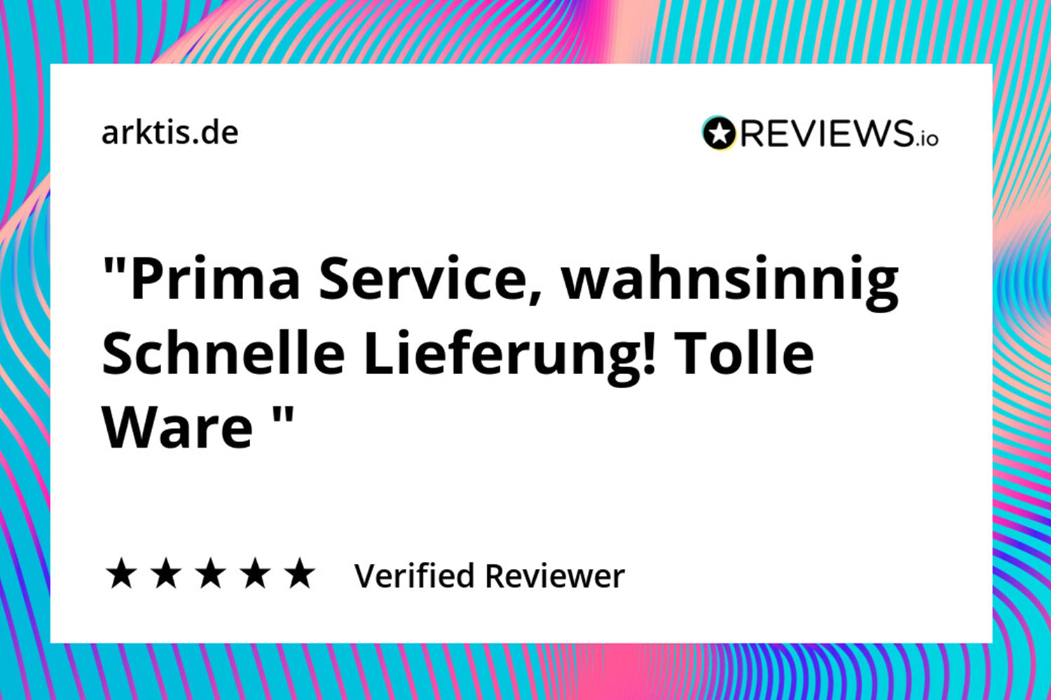 Eine positive deutsche Bewertung, die die schnelle Lieferung und Qualität lobt, mit 4 Sternen bewertet, auf einem bunten Hintergrund.