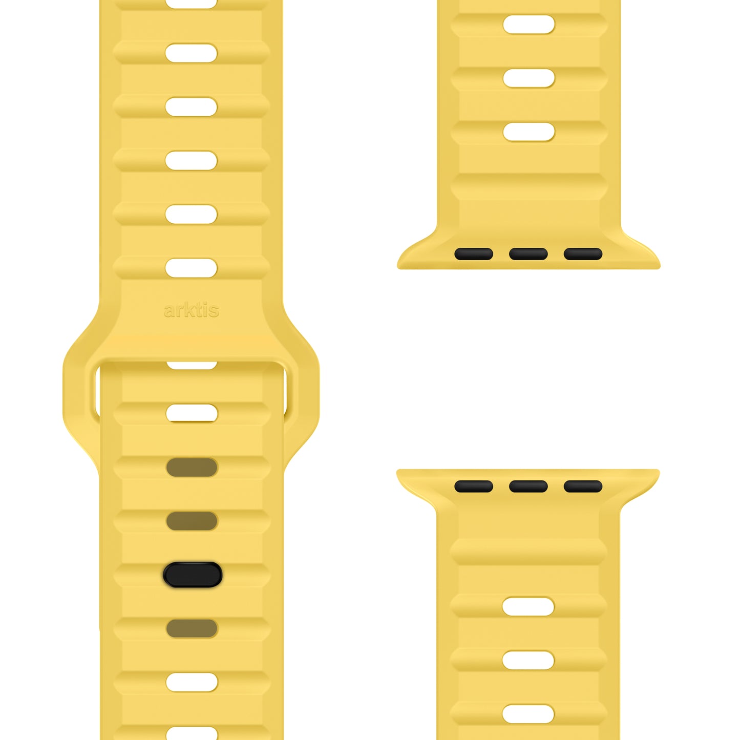 Eine Nahaufnahme des Arktisband Apple Watch Silikonarmbands „Active“ in Gelb mit gerippter Textur, atmungsaktivem Design, mehreren Einstelllöchern und Anschlüssen zur einfachen Befestigung der Apple Watch.