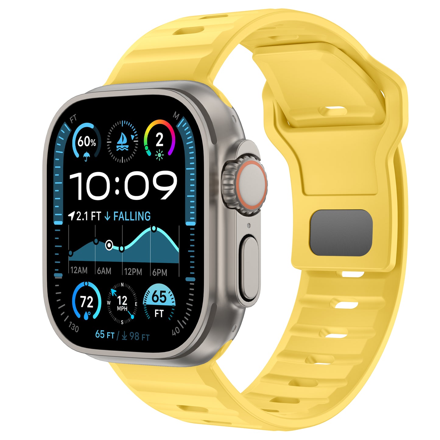 Abgebildet ist eine Smartwatch mit quadratischem Display zur Anzeige von Fitness- und Wetterdaten vor weißem Hintergrund, dazu das arktisband Apple Watch Silikonarmband „Active“ in leuchtendem Gelb für einen sportlichen Look.