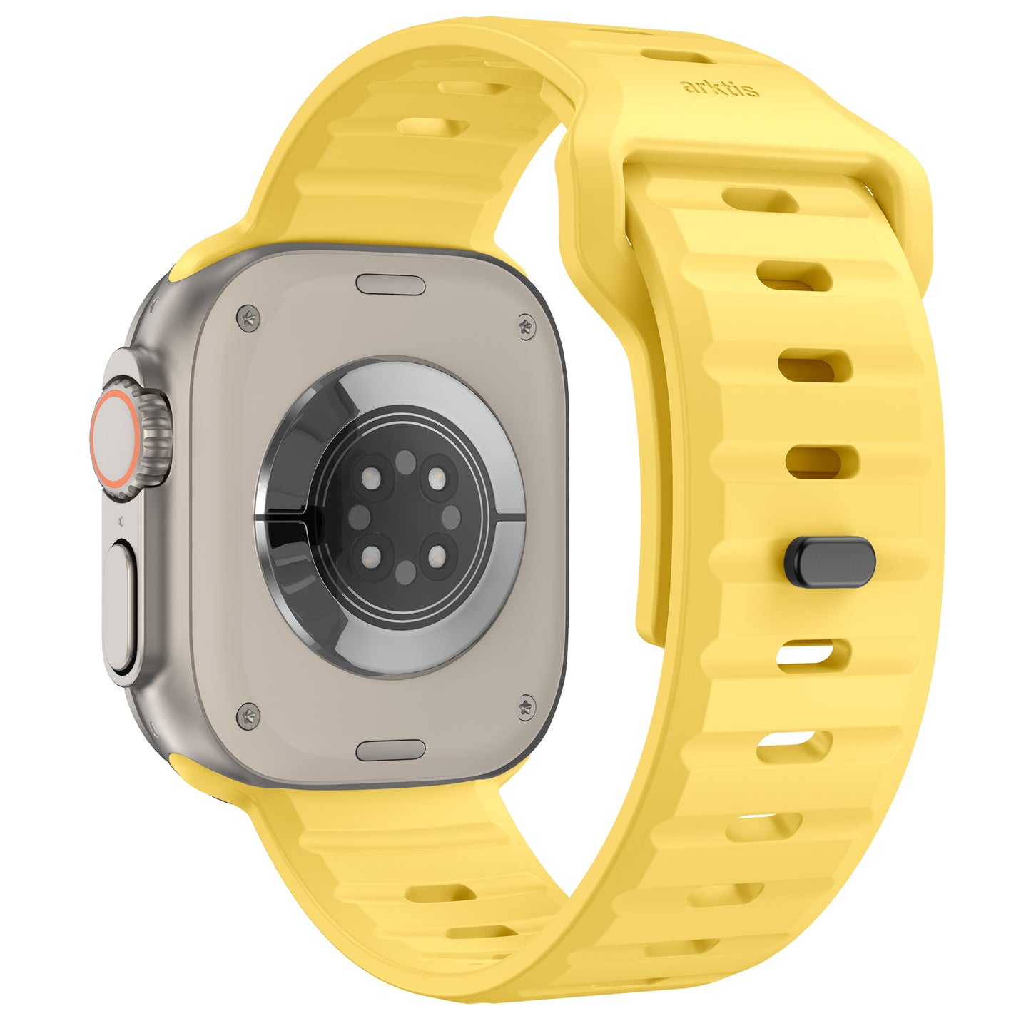 Eine Nahaufnahme des Arktisband Apple Watch Silikonarmbands „Active“ zeigt sein gelbes, geripptes Band und die Sensoranordnung auf einem quadratischen silbernen Gehäuse, was Komfort und Atmungsaktivität für das tägliche Tragen betont.