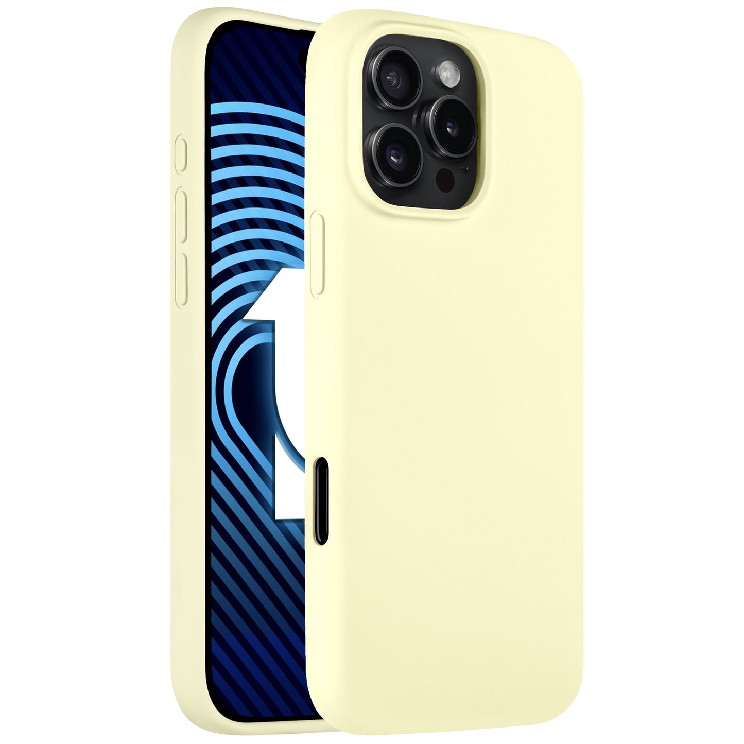 Das Arktis iPhone 16 Pro Silikon Case in Hellgelb bedeckt die Rückseite und die Seiten eines Smartphones mit einem grafischen blau-weißen Hintergrundbild und konzentrischen Kreisen, unterstützt kabelloses Laden und wird von Arktis hergestellt.