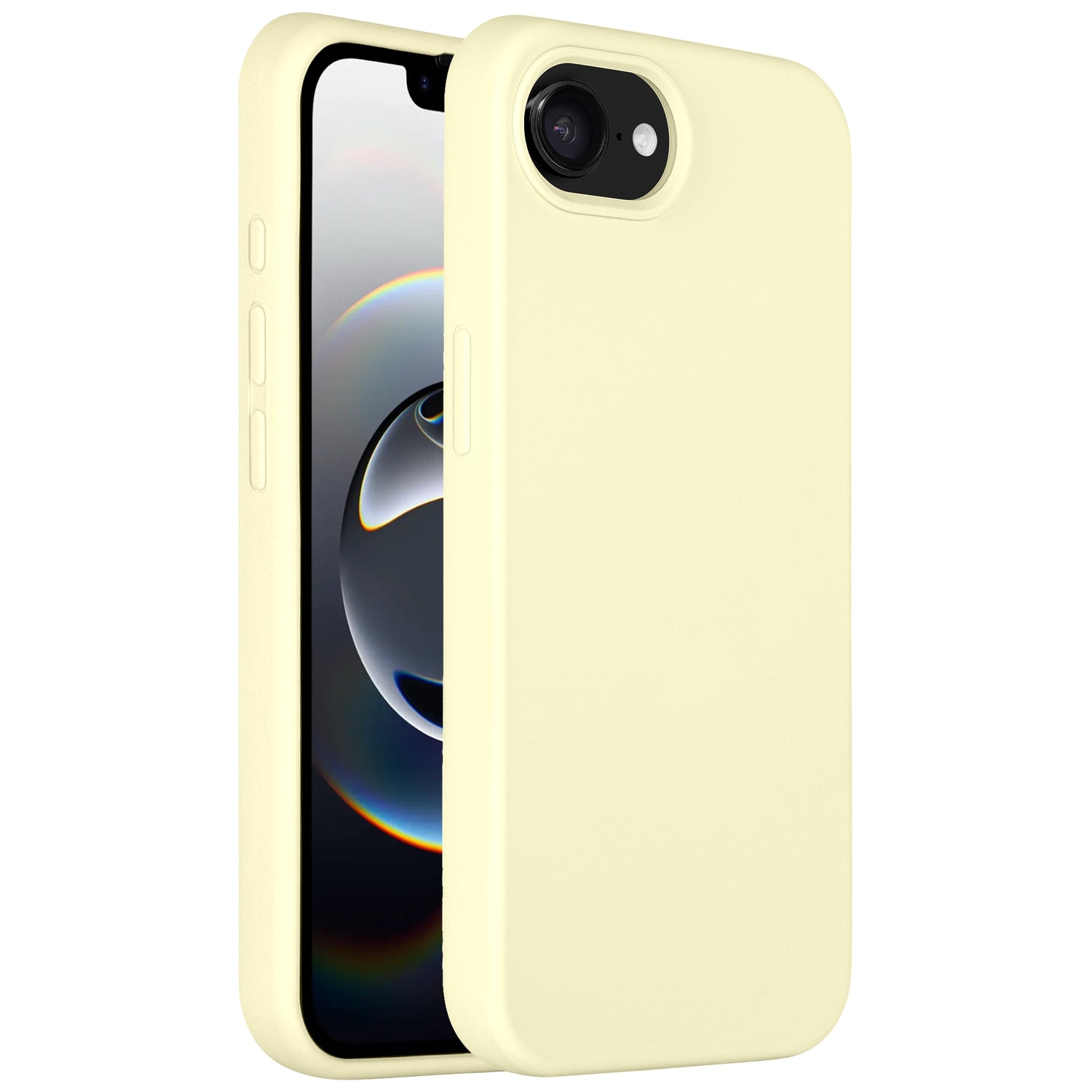 Das Arktis iPhone 16e Silikon Case in Hellgelb verfügt über ein schlankes Design, hält Bildschirm, Kamera, Tasten und Ladeanschluss zugänglich, unterstützt kabelloses Laden und zeigt das iPhone mit einem dunklen abstrakten Hintergrund auf seinem Display.