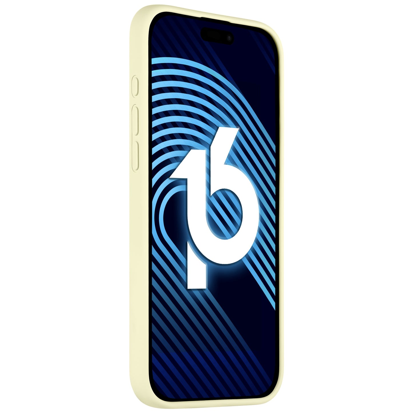 Ein iPhone 16 Pro in einer hellgelben Arktis-Silikonhülle von Arktis wird schräg gezeigt. Auf dem Bildschirm ist ein blauer abstrakter Hintergrund mit konzentrischen Linien und der Zahl 16 in großer weißer Schrift in der Mitte zu sehen.