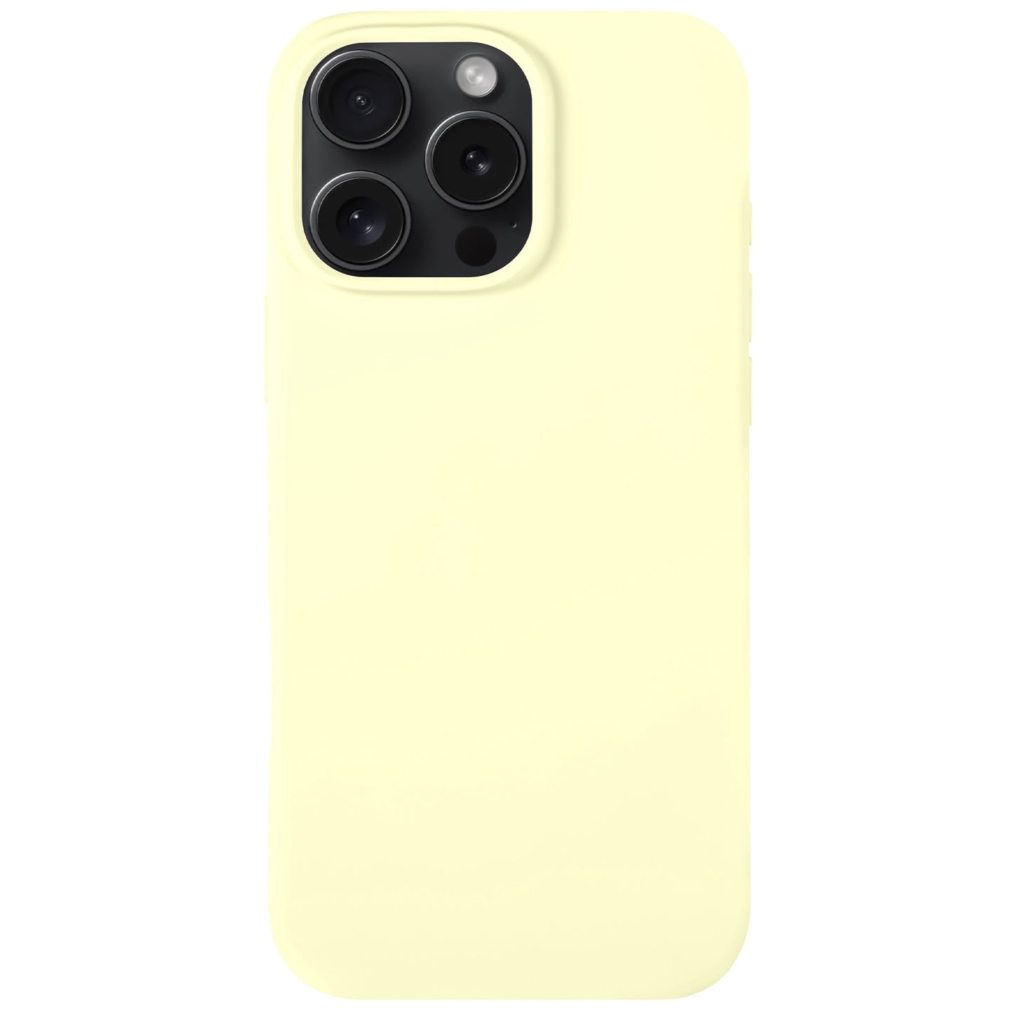 Das Arktis iPhone 16 Pro Silikon Case in Hellgelb zeigt ein iPhone 16 Pro mit drei Kameralinsen und Blitz. Es verfügt über eine glatte, matte Oberfläche, abgerundete Kanten und unterstützt kabelloses Laden.