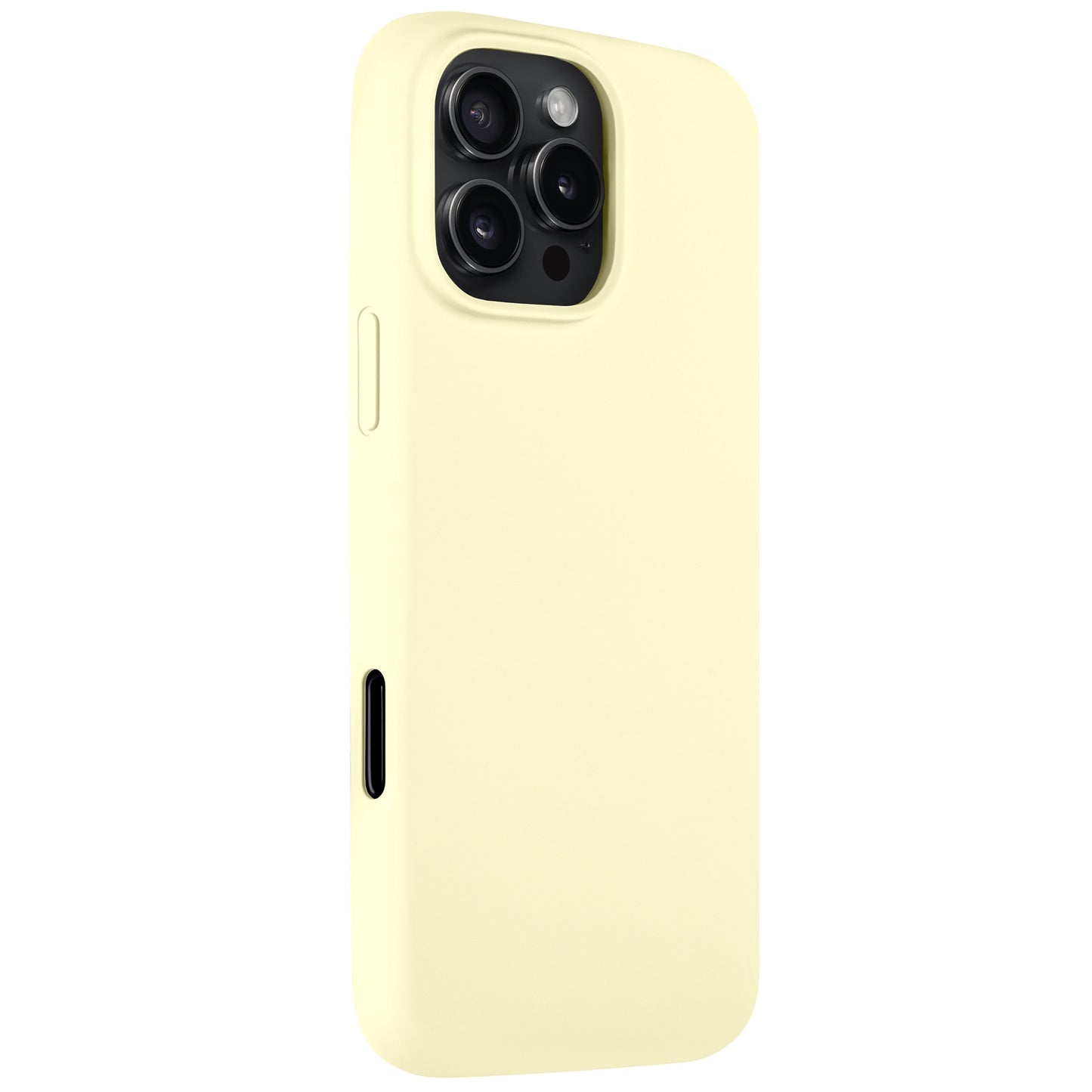 Eine hellgelbe Arktis iPhone 16 Pro Silikonhülle von Arktis schützt ein Smartphone mit drei Kameras auf der Rückseite und einem Blitz. Die Hülle verfügt über präzise Aussparungen für Tasten und Kamera und unterstützt kabelloses Laden. Der Hintergrund ist schlicht weiß.