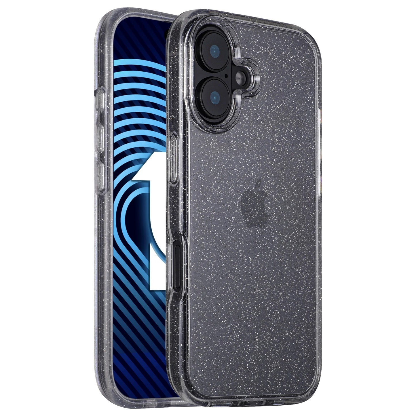 Das arktis iPhone 16 Plus Glitter Case von arktis ist eine transparente, glitzernde Hülle, die vor Kratzern schützt und gleichzeitig den blauen, gewellten Bildschirm, die freiliegenden Kameralinsen und das Apple-Logo zur Geltung bringt.