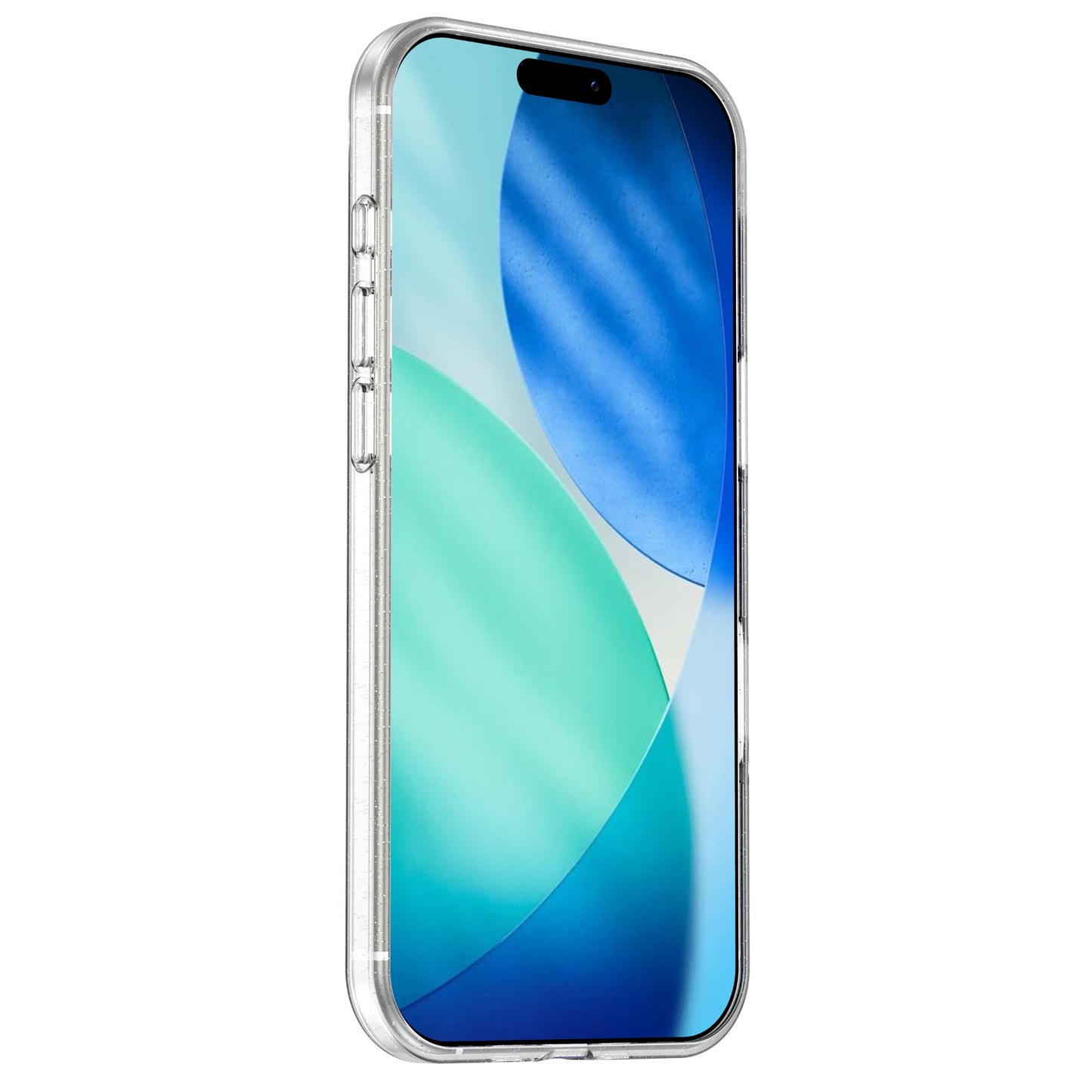 Das arktis iPhone 17 Air Glitter Case von arktis wird aus einem Winkel auf einem Smartphone mit einem blauen abstrakten Hintergrundbild gezeigt.