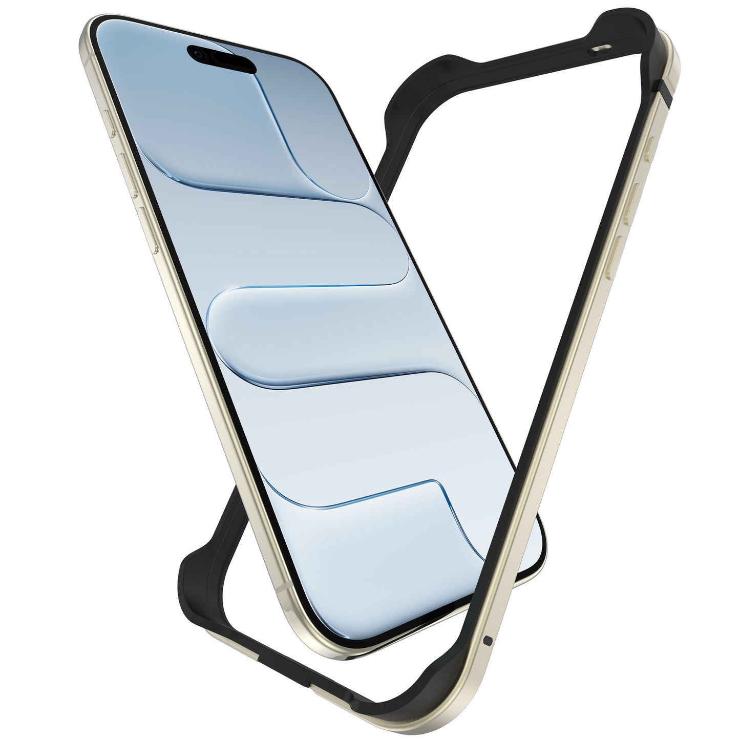 Der arktis iPhone Air Bumper von arktis aus Aluminium TPU-Silikon ist eine schwarze, ultraleichte Schutzhülle, die ein iPhone teilweise umschließt und auf einem weißen Hintergrund schwebt.
