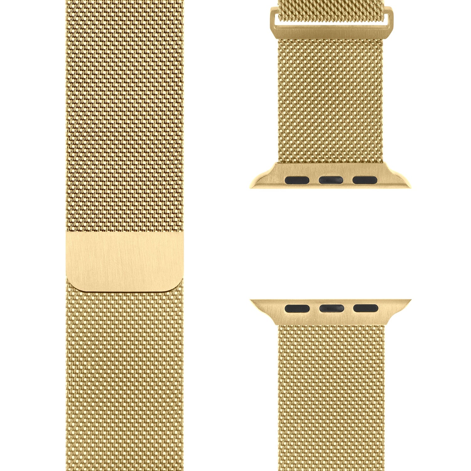 Eine Nahaufnahme zeigt das Arktisband Apple Watch Milanaise Loop Armband in Gold von der Seite und den Enden und hebt die gewebte Netzstruktur und die Verbindungsdetails hervor.