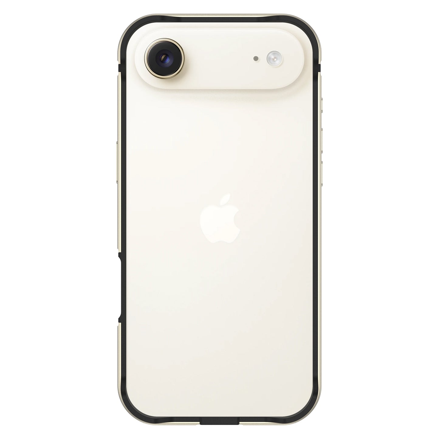 Ein weißes iPhone mit einem schwarzen iPhone Air Bumper von arktis, der ultraleichten Schutz bietet und die rückwärtige Kamera und das Apple-Logo zur Geltung bringt.