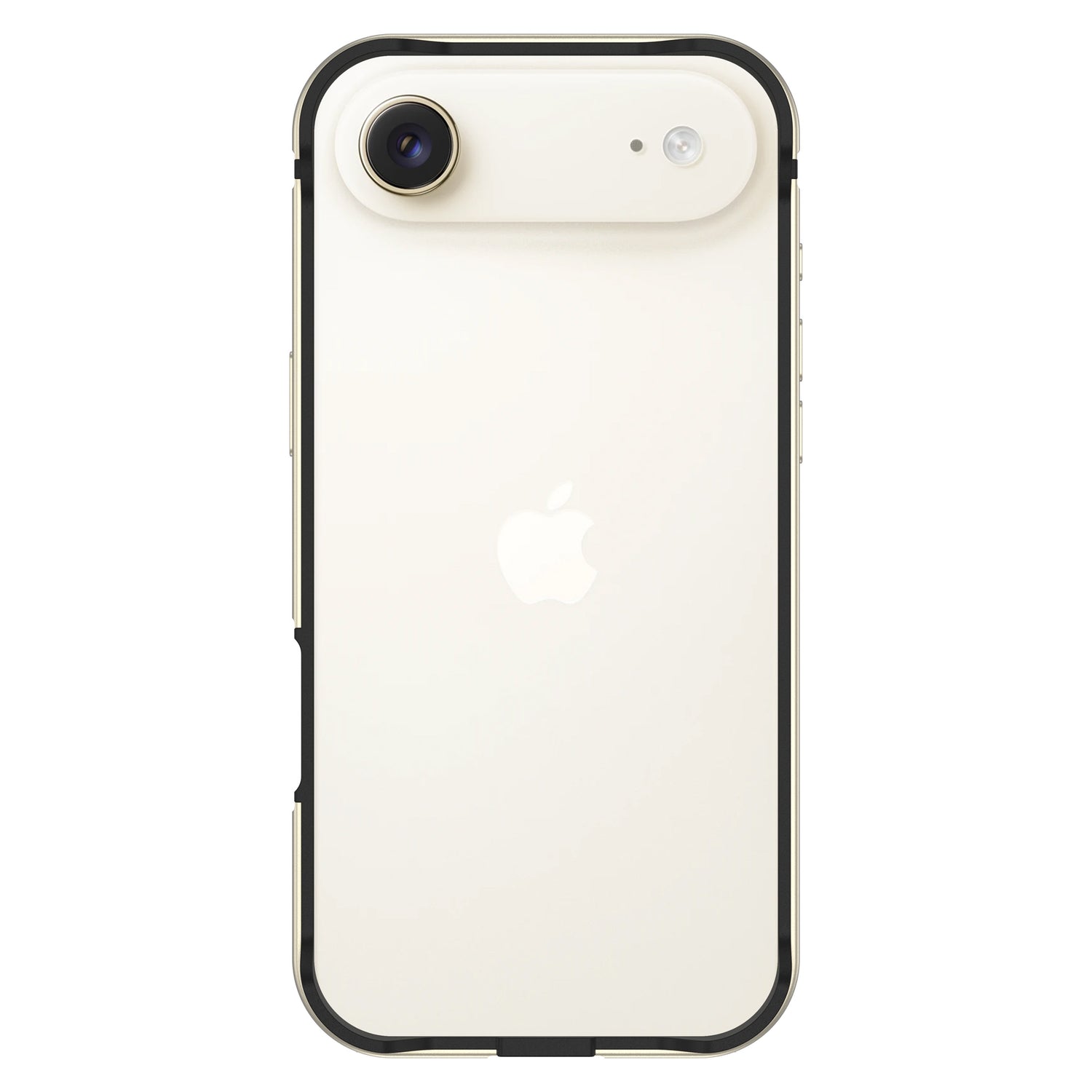 Ein weißes iPhone mit einem schwarzen iPhone Air Bumper von arktis, der ultraleichten Schutz bietet und die rückwärtige Kamera und das Apple-Logo zur Geltung bringt.