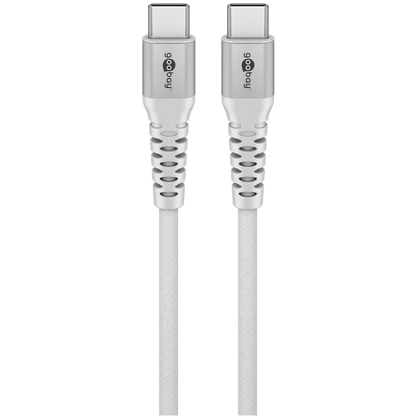 Ein weißes Goobay USB-C auf USB-C Textilkabel mit Metallsteckern und robustem Design sorgt für schnelle Datenübertragung. Hochwertig verarbeitet an beiden Enden, ideal für moderne Geräte.