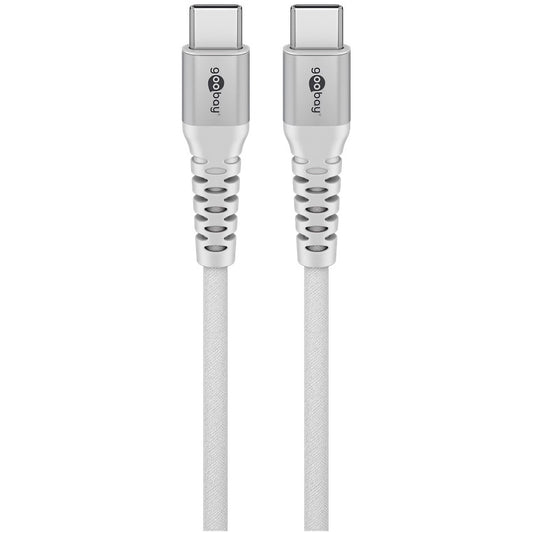 Ein weißes Goobay USB-C auf USB-C Textilkabel mit Metallsteckern und robustem Design sorgt für schnelle Datenübertragung. Hochwertig verarbeitet an beiden Enden, ideal für moderne Geräte.