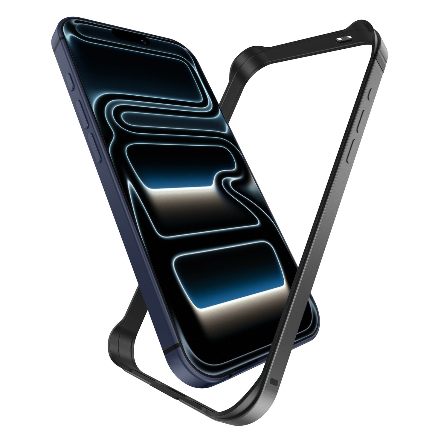 Ein Smartphone mit leuchtendem, abstraktem Hintergrundbild schwebt neben dem arktis iPhone 17 Pro Bumper und hebt den ultraleichten Bumper und stoßabsorbierenden Schutz von arktis auf einem sauberen weißen Hintergrund hervor.