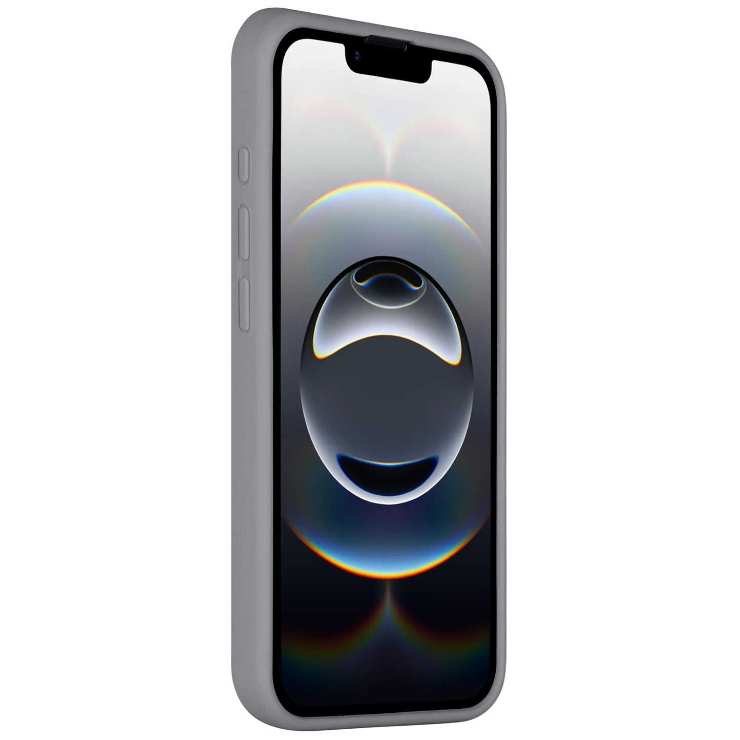 Das Arktis iPhone 16e Silikon Case von Arktis ist eine graue, elegante Hülle mit Mikrofaserfutter, die auf einem Smartphone-Bildschirm mit einem kreisförmigen abstrakten Design dargestellt ist und sowohl Stil als auch Schutz bietet.